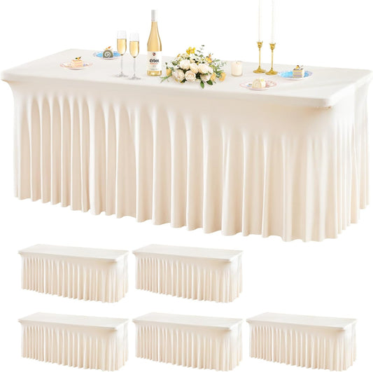 Wish Care 6 Pack Ivory Spandex Table Clothes for 8 Foot Rectangle Tables, 8FT Wrinkle Free Fitted Tablecloths Ruffles Design Table Cover for Party, Banquet, Wedding and Events