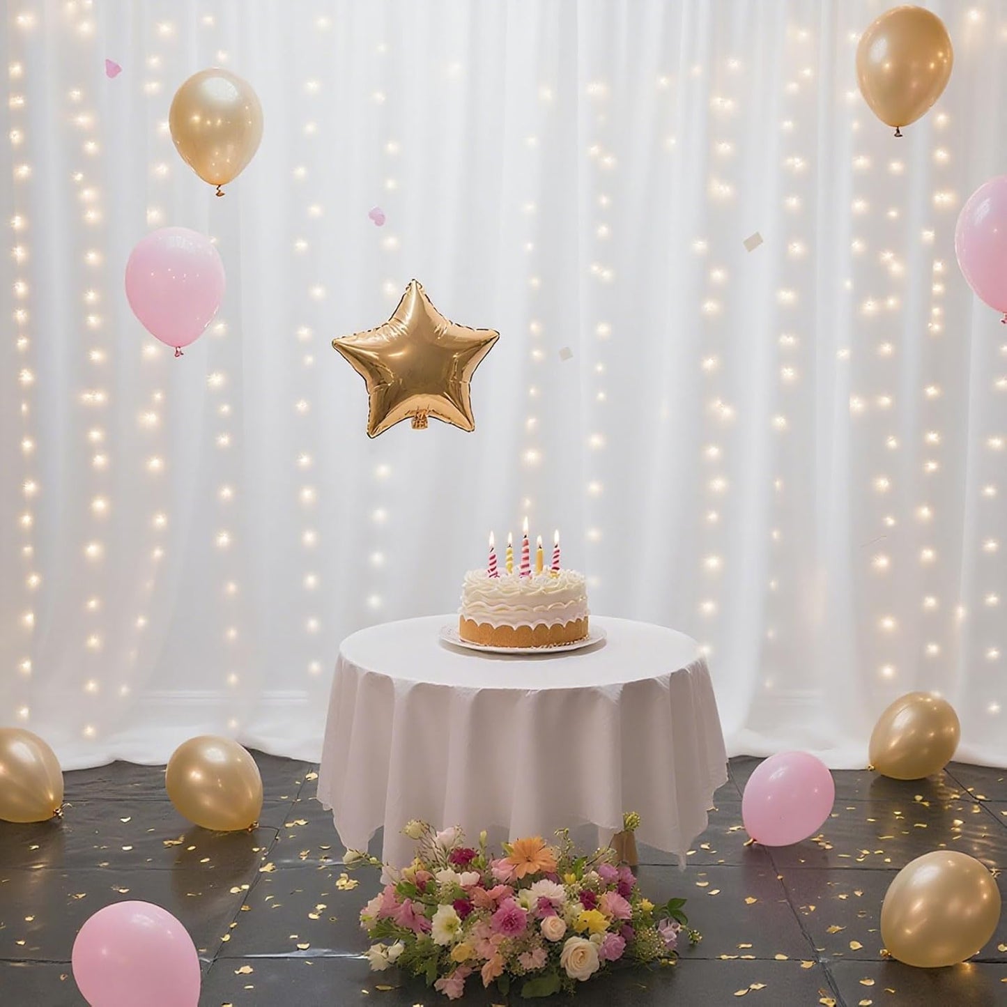 10×10ft Tulle Backdrop Curtains with Lights String - 300LED Fairy Lights Sheer Curtain Backdrop for Weddings Baby Shower and Birthday Party Decorations(4 Panels 5×10ft)