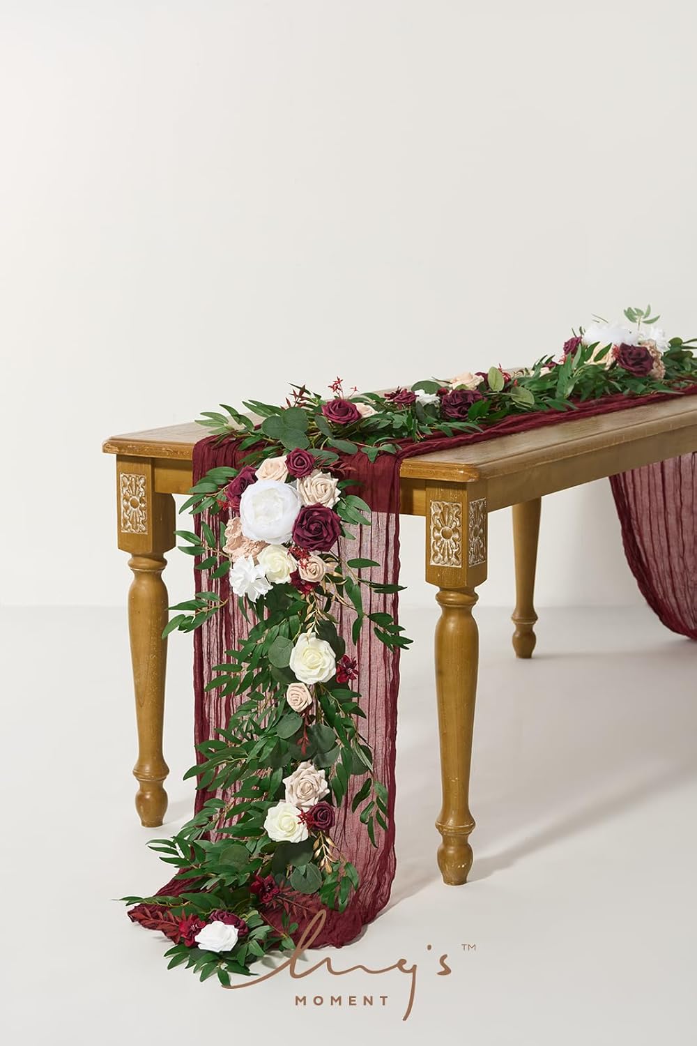 Ling's Moment Flower Garland - 6FT Eucalyptus & Rose - Sweetheart Table Decor for Wedding Reception, Artificial Floral Garland for Mantle, Thanksgiving, Christmas Decoration, Marsala