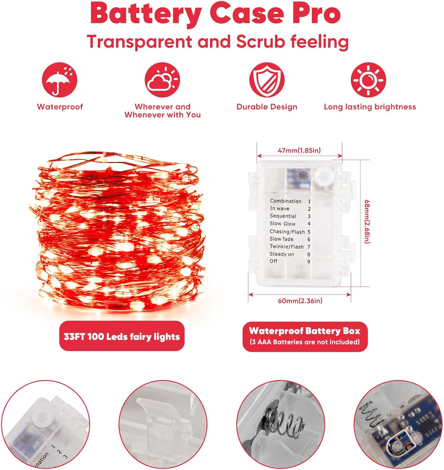 1 Pack 32.8 Ft. Battery Operated Outdoor String Lights with Remote & Timer, LED Red Fairy Lights, Waterproof Twinkle Lights for Bedroom, Dorm, Mason Jar, Wedding, Party, Christmas