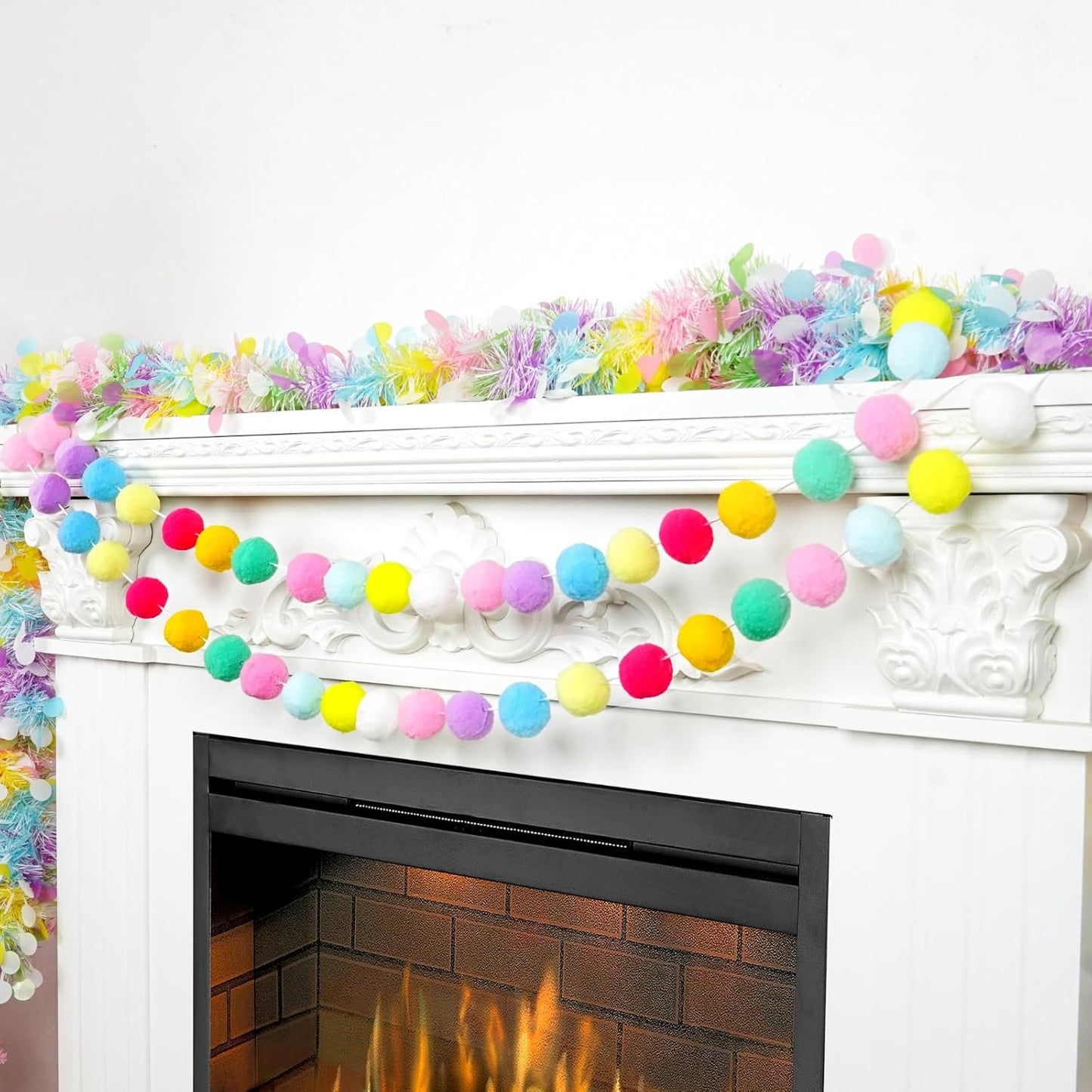 TBD Decor 2pk Pom Pom Garland Easter Decorations 13FT Colorful Large Felt Ball Spring Garland Easter Tree Decorations for Mantle,Indoor Holiday Wedding Birthday Party Supplies
