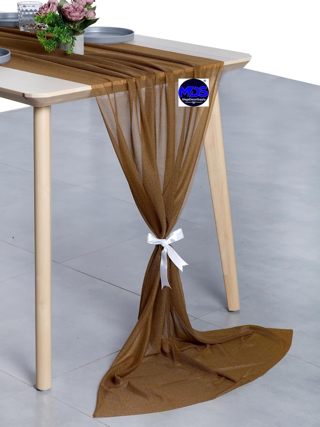 MDS 25 Pack 10ft Chiffon Table Runner 29 x 120 Inches Sheer Wedding Runner Romantic Rustic Table Runner for Wedding Decorations, Birthday Parties, Bridal Shower Party Arch Decor - Mocha