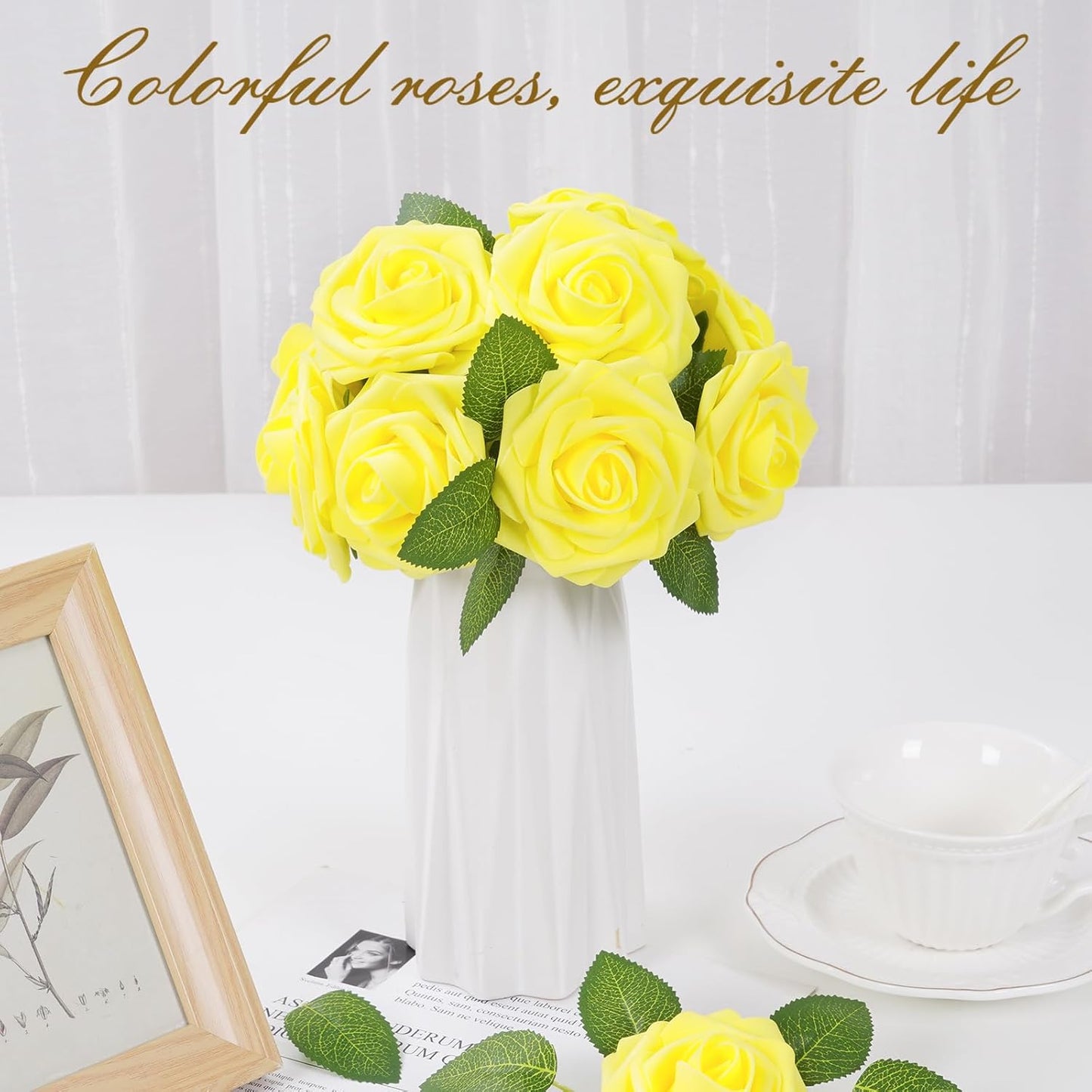 BLEUM CADE 36Pcs Artificial Flowers Fake Roses with Stems, Yellow Boxed Foam Roses for DIY Bouquets Centerpieces Wedding Party Arrangement Bridal Shower Decor