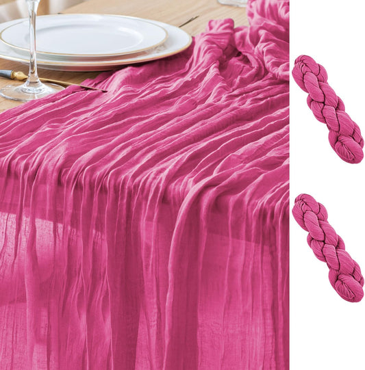 Asee'm 2pcs Cheesecloth Table Runner 120 Inches Long Deep Pink Boho Gauze Cheese Cloth Runner 10FT Rustic Sheer Table Runners for Christmas Wedding Party Baby Shower Spring Easter Decoration