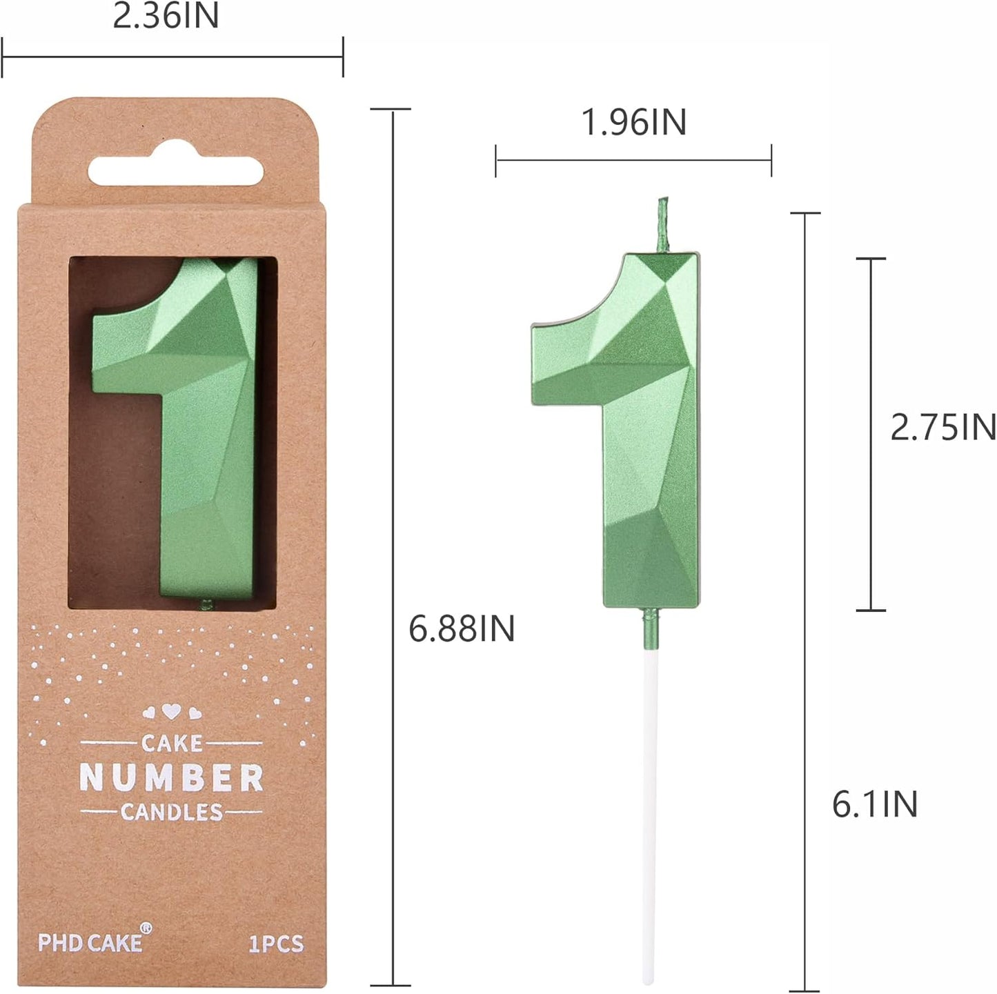 PHD CAKE 2.76 Inch Crystal Green 1 Number Cake Candle, Numeral Birthday Candles, Green Number Candles, Party Celebration