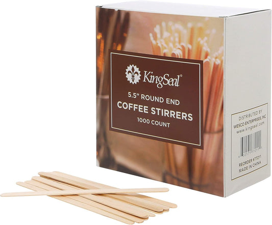 10,000 Count | KingSeal Natural Birch Wood Coffee Beverage Stirrers, Stir Sticks, 5.5 Inches, Round End, Bulk Pack - 10 Boxes x 1000 Stirrers