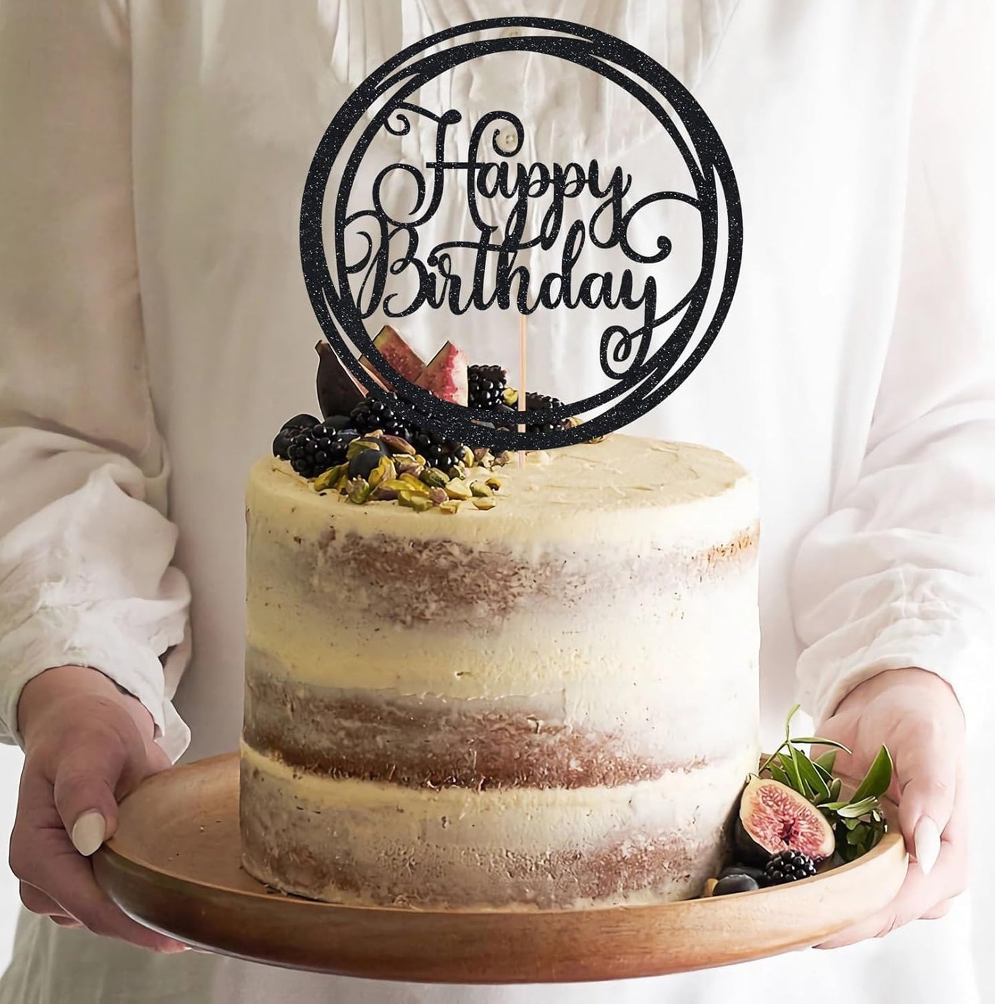 Happy Birthday Cake Topper - Black Glitter Happy Birthday Cake Decoration Supplies for Children or Adults - Happy Birthday Cake Bunting Decor, Photo Booth Props