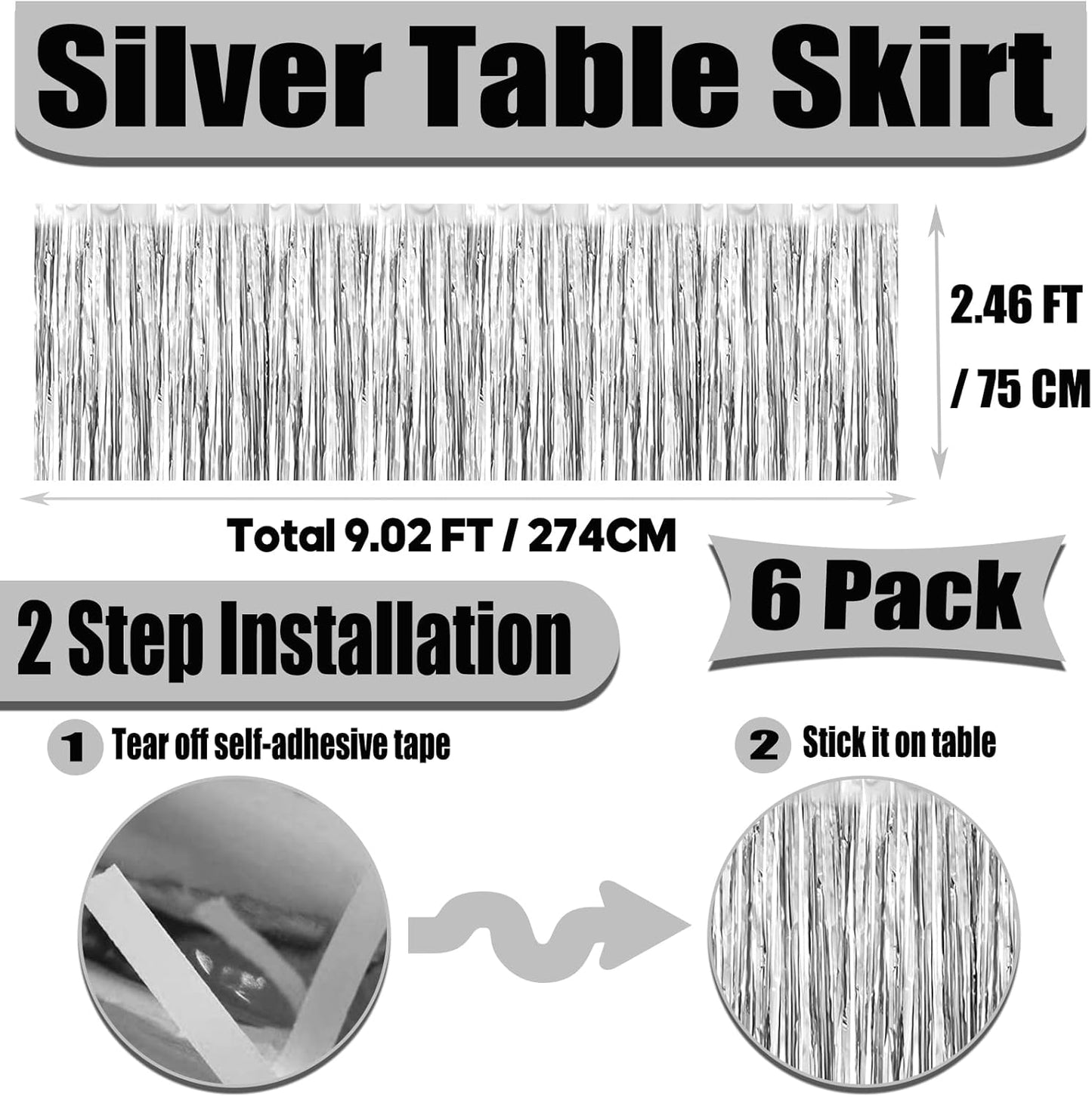 6 Pack 29x108 Inch Metallic Foil Fringe Tinsel Table Skirts Banner for Rectangle Tables Streamer Garland Curtains Backdrop for Wedding, Birthday, Parade Floats, Christmas Party Decoration(Silver)