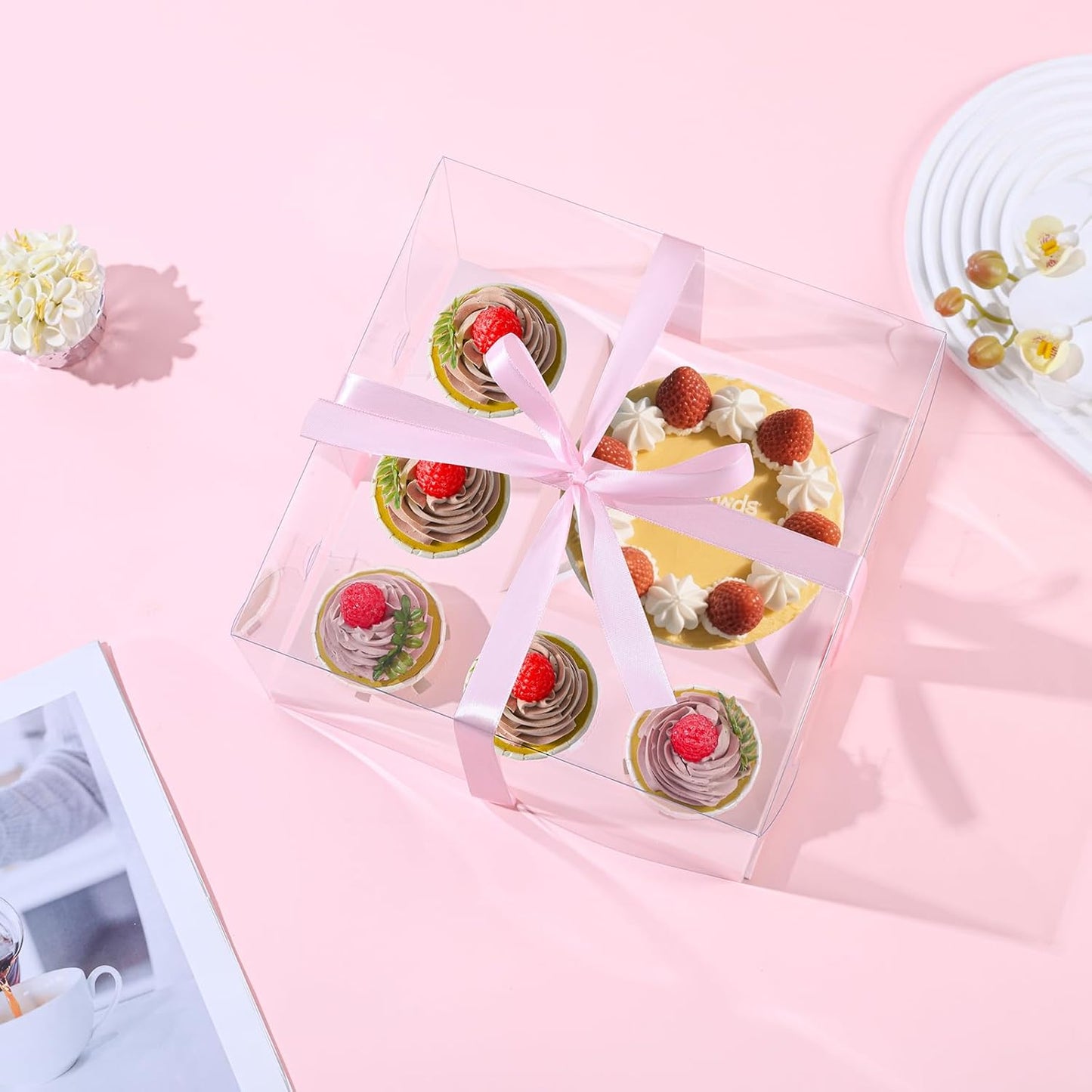JCD 3 Packs Pink 1+5 Cupcake Containers with Gift Ribbon Cake and Cupcake Combo Bento Boxes with Clear Lid and 5 Cupcake Holes Pastry Sweets Bento Box(Pink 1+5/3Pcs)