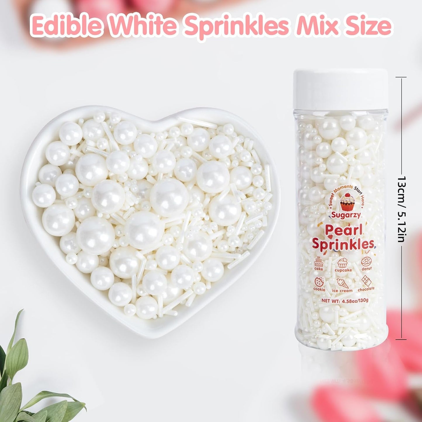 Edible White Sprinkles for Cake Decorating,Edible Pearl Jimmies Sugar Mix Size 130g/4.58oz,Baking Candy Decorations,Cupcake Toppers,Cookie Donuts Ice Cream Dessert Decorating,Wedding Birthday Party Valentines Christmas Supplies
