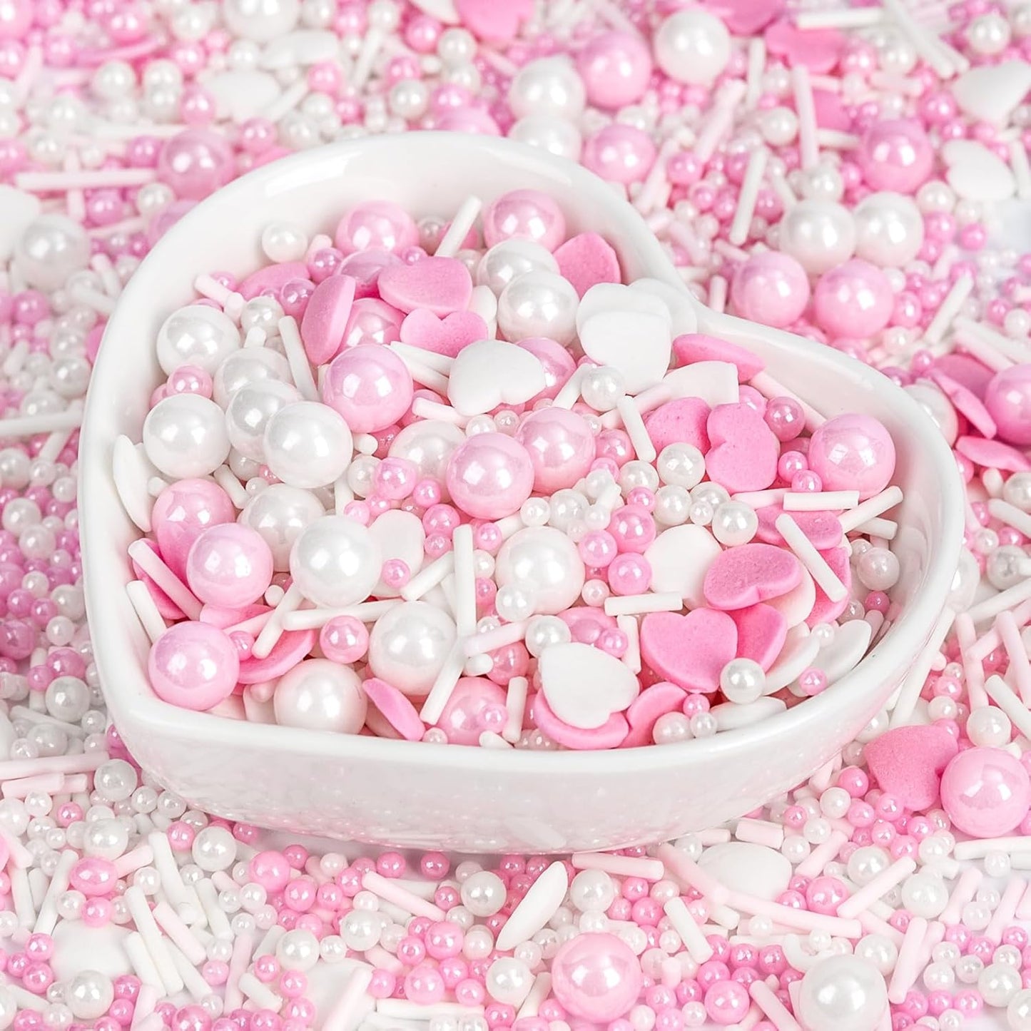 Edible Heart Sprinkles for Cake Decorating,White Pink Pearl Sugar Jimmies Mix Size 130g/4.58oz,Baking Candy Decorations,Cupcake Toppers,Cookie Donuts Ice Cream Dessert Decorating,Wedding Birthday Party Valentines Christmas Supplies