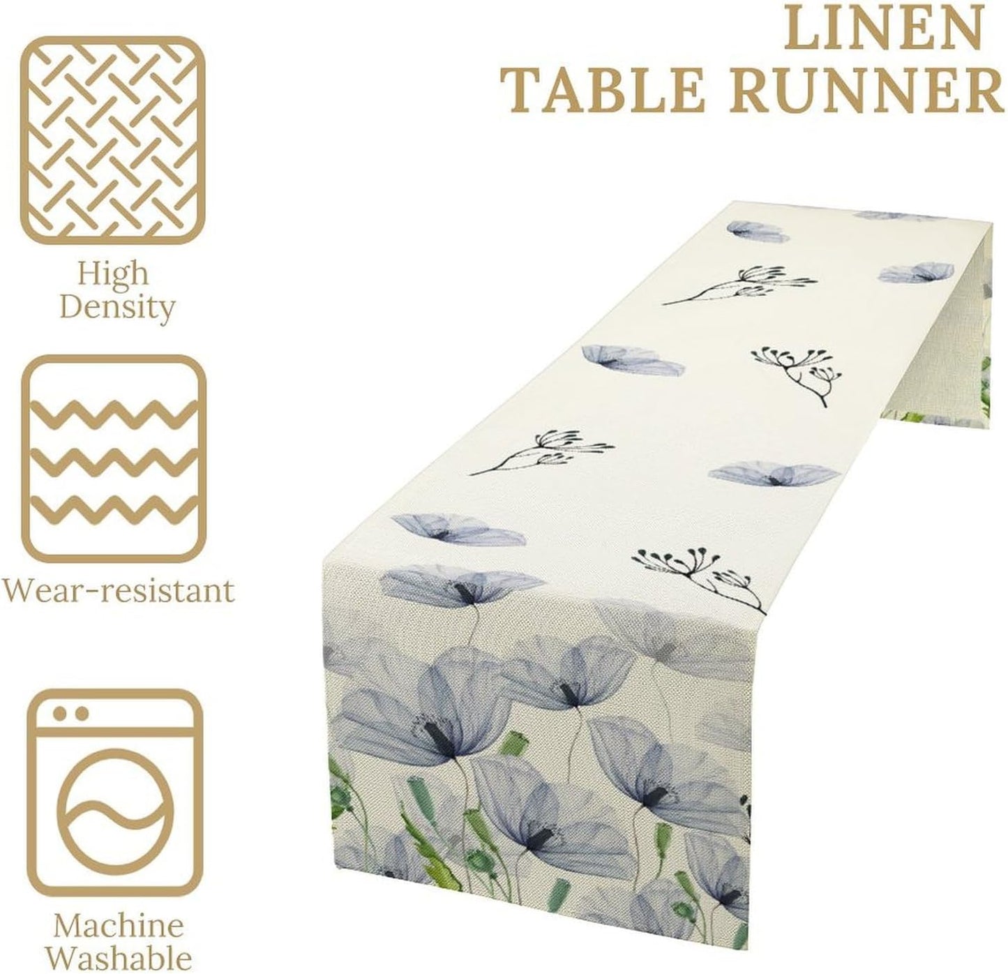 Watercolor Poppy Floral Table Runner, Abstract Seasonal Spring Summer Blue Purple Flower Kitchen Dinning Table Runner for Indoor Outdoor Home Wedding Party Holiday, 13x90 Inch