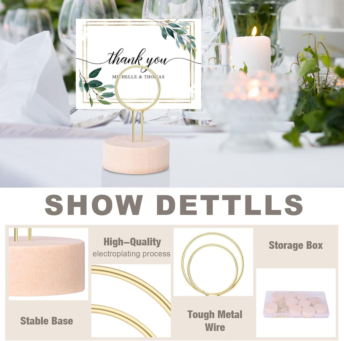 Oubest Table Number Holders Pack of 10 Metal Wire with Wooden Base for Better Stability Place Card Holders - Centerpieces, Picture Photo Sign Stands for Weddings, Party, Birthdays -Gold