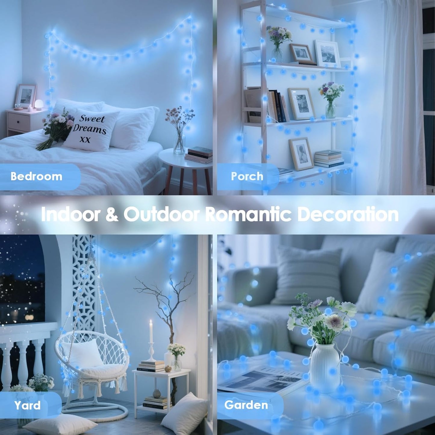 100LED Blue Connectable String Lights Indoor Outdoor for Bedroom, 43ft Christmas Lights with Remote & Timer, Plug in 8 Modes Waterproof Globe Fairy Light for Christmas Decor Room Classroom Wedding