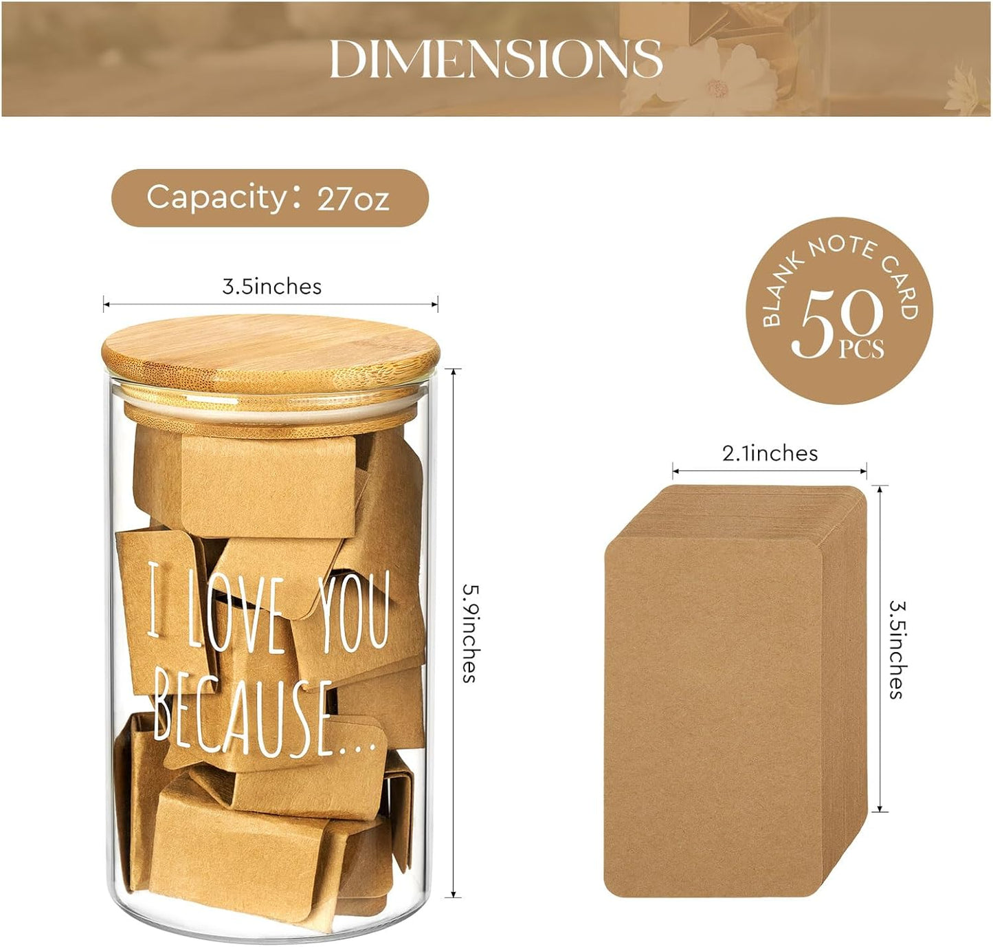 AW BRIDAL 50 Blank Love Notes Memory Jar, Anniversary Birthday Gifts for Boyfriend Girlfriend Husband Wife Mom Dad Friends, Couple Gifts Love You Because Jar for Engagement Bridal Wedding Registry