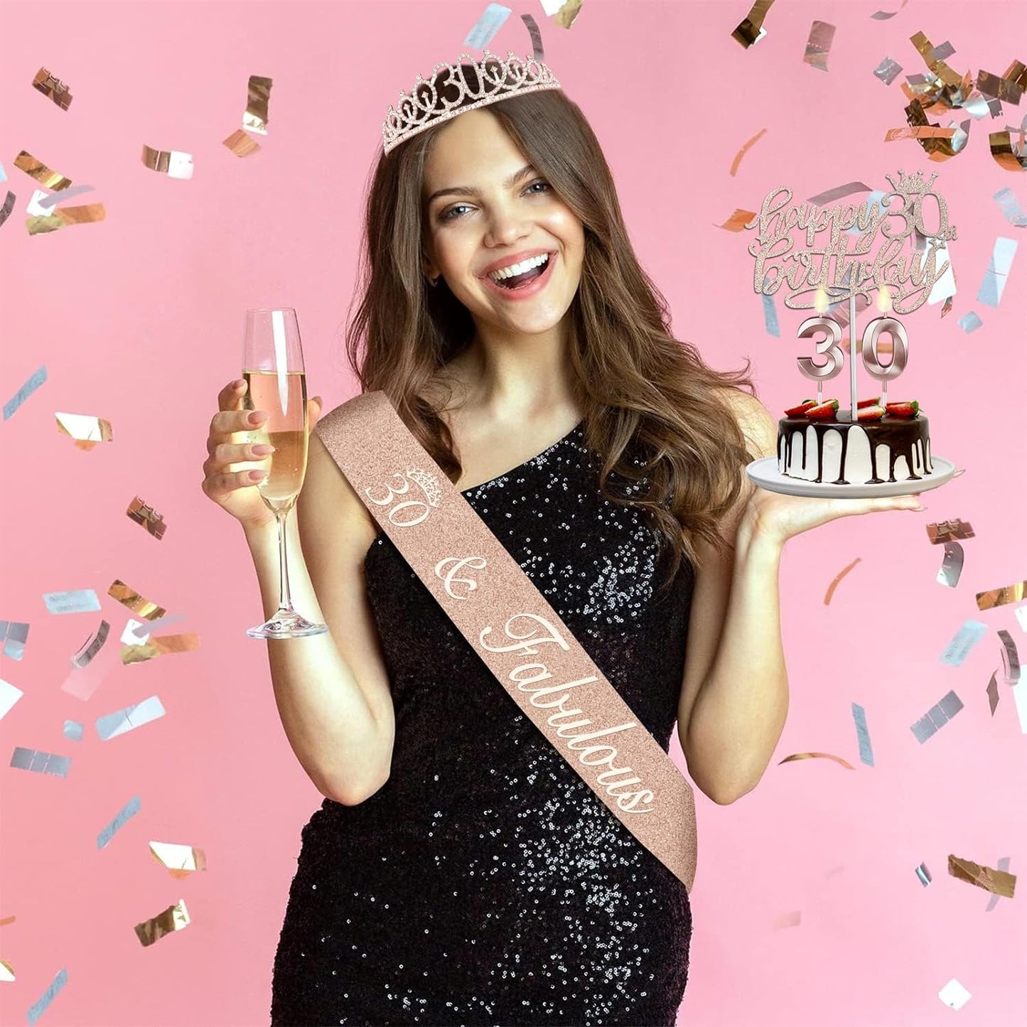 30th Birthday Decorations for Her, Including Sash, Crown/Tiara, Candles, Cake Topper, 30th Birthday Gifts for Her