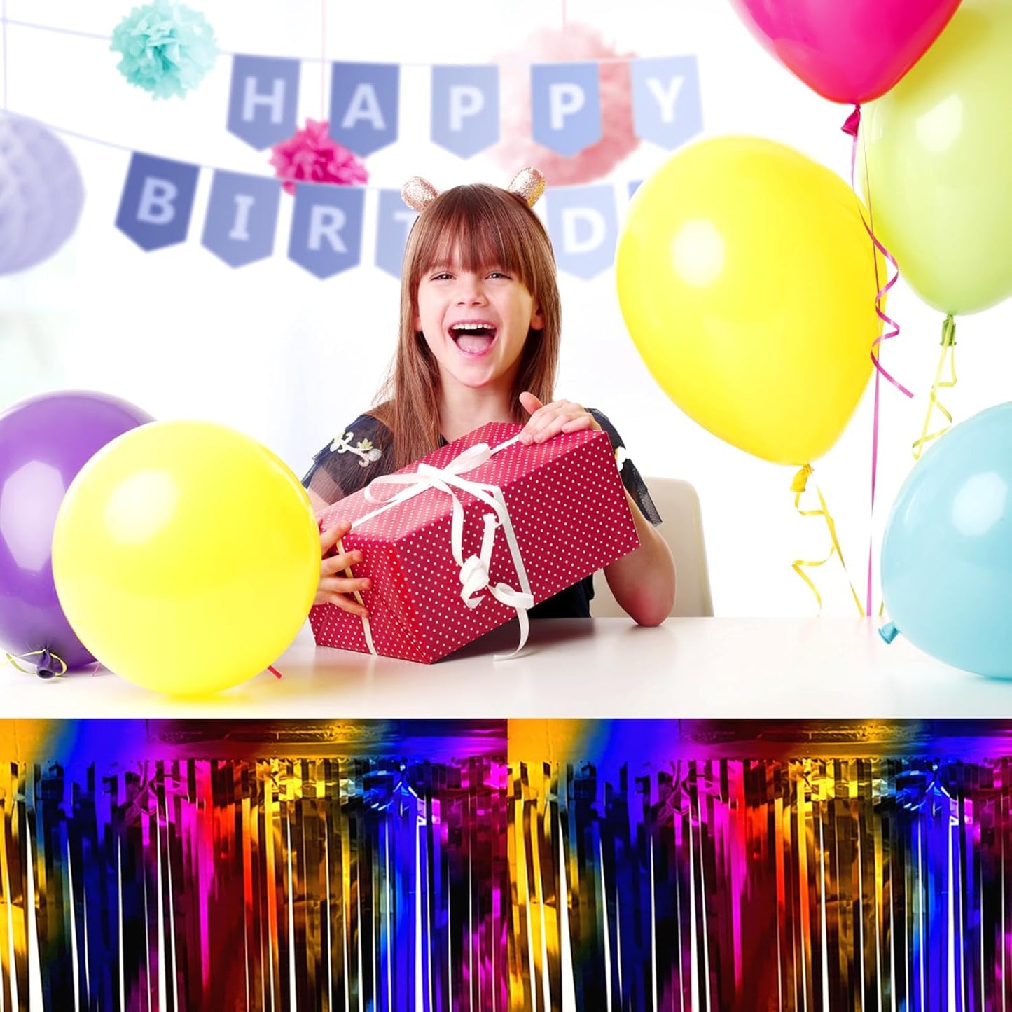 3 Pack 29x108 Inch Rainbow Foil Fringe Table Skirts Metallic Banner for Tinsel Streamer Garland Backdrop for Parade Floats Wedding Thanksgiving Birthday Christmas Halloween Party Decoration