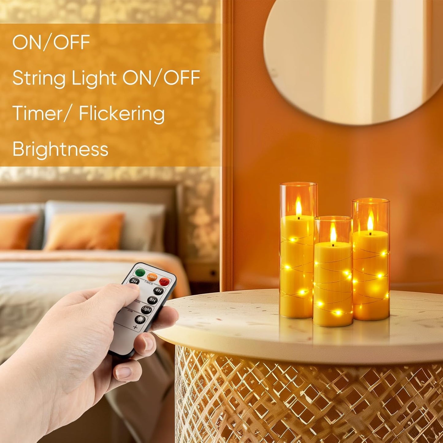 Homemory Flameless Candles with Embedded Star String Fairy Lights, Battery Operated Candles with Remote Control and Timer, Flickering LED Candle for Fall Pumpkin Decorations, Amber Gold, Set of 9
