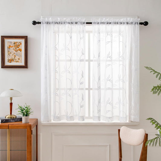 VISIONTEX Sheer Curtains 54 inch Length 2 Panels Set, White Voile Crushed Vine Leaves Embroidery, Rod Pocket Embroidered Window Drapes for Living Room and Bedroom, 54" x 54"