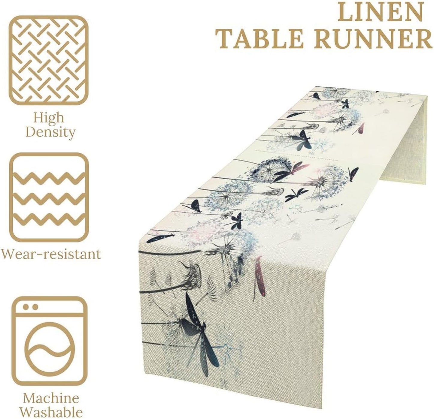 Dandelion Table Runner,Nature Rustic Dragonfly Teal Blue Floral Pattern Print Burlap Tablecloth for Hotel Indoors Outdoor Dining Room Kitchen Table Decor, 13x36in