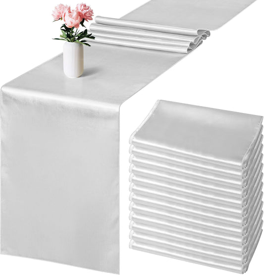 Aneco 12 Pack Satin Table Runner 12 x 108 Inch Light Silver Long Wedding Satin Silk Table Runner for Wedding Banquet Graduations Birthday Party Decoration