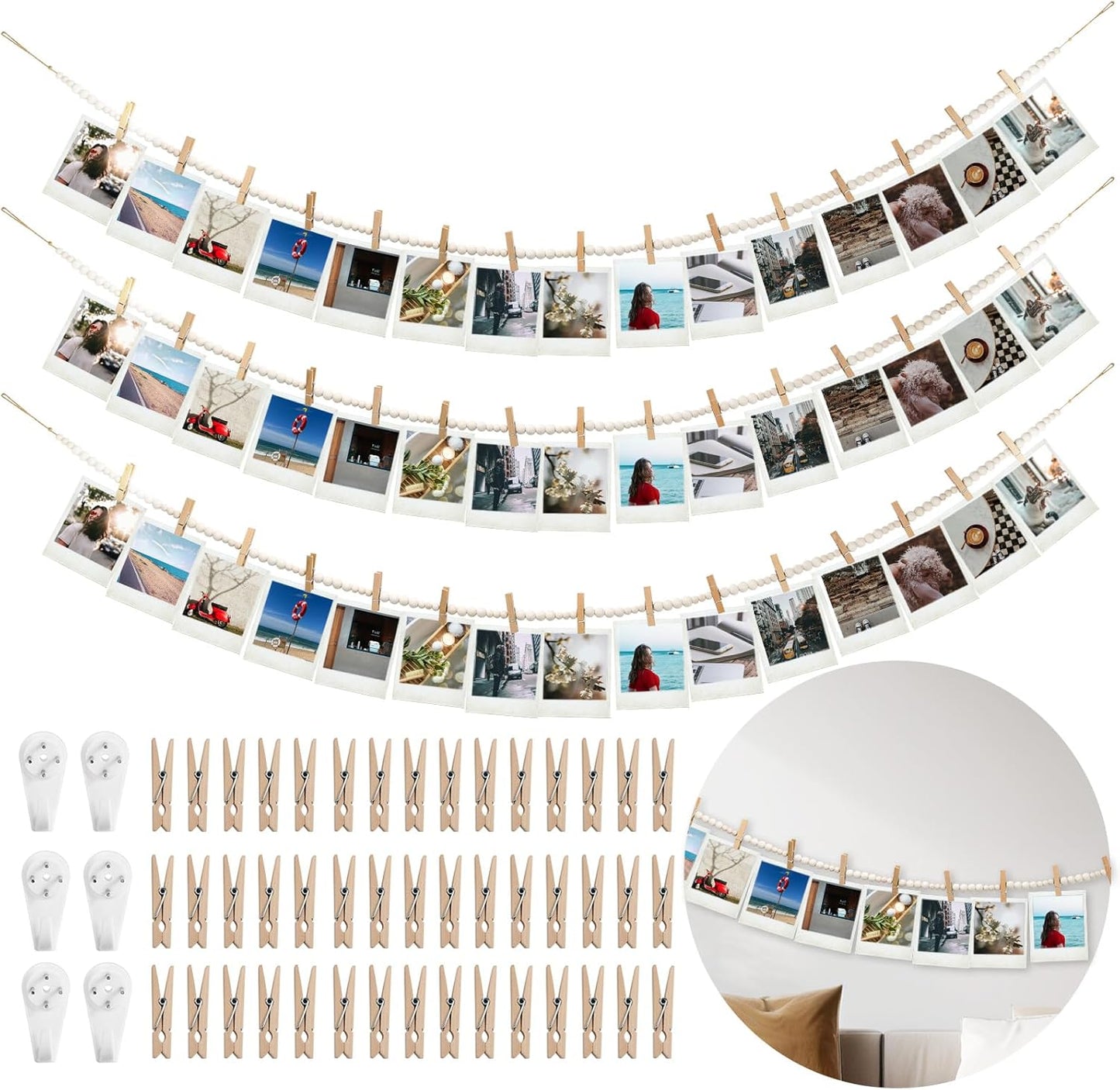 Hanging Photo Display Wall Decor with 45 Wood Clips, 67 Inches Boho Wooden Bead Garland Collage Picture Frame Photos String DIY, Photo Hanger for Bedroom Office Dorm Room Decor Gifts(3PCS)