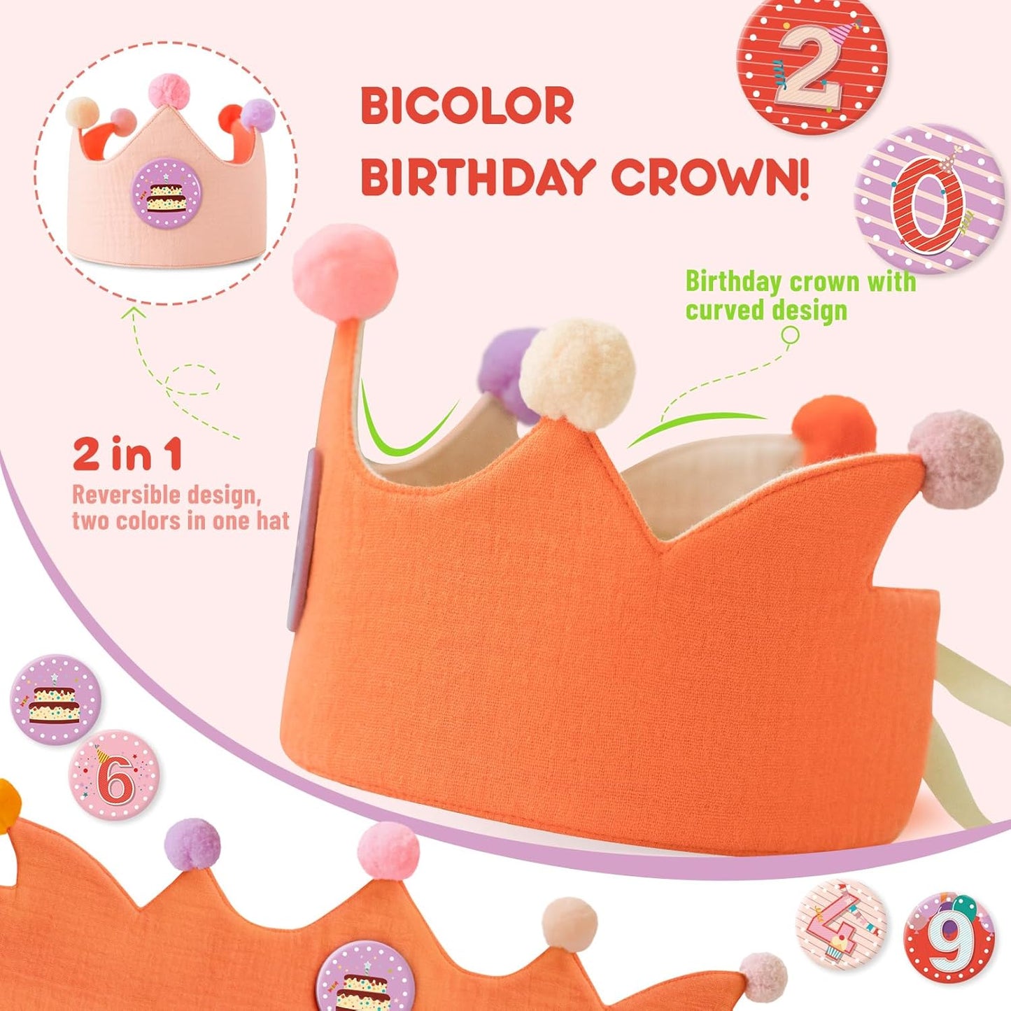 Reusable Birthday Crown with Numbers,Kids Birthday Hat Fabric Crown Pertain Kids Boy Toddler Girl Baby Bday Hats