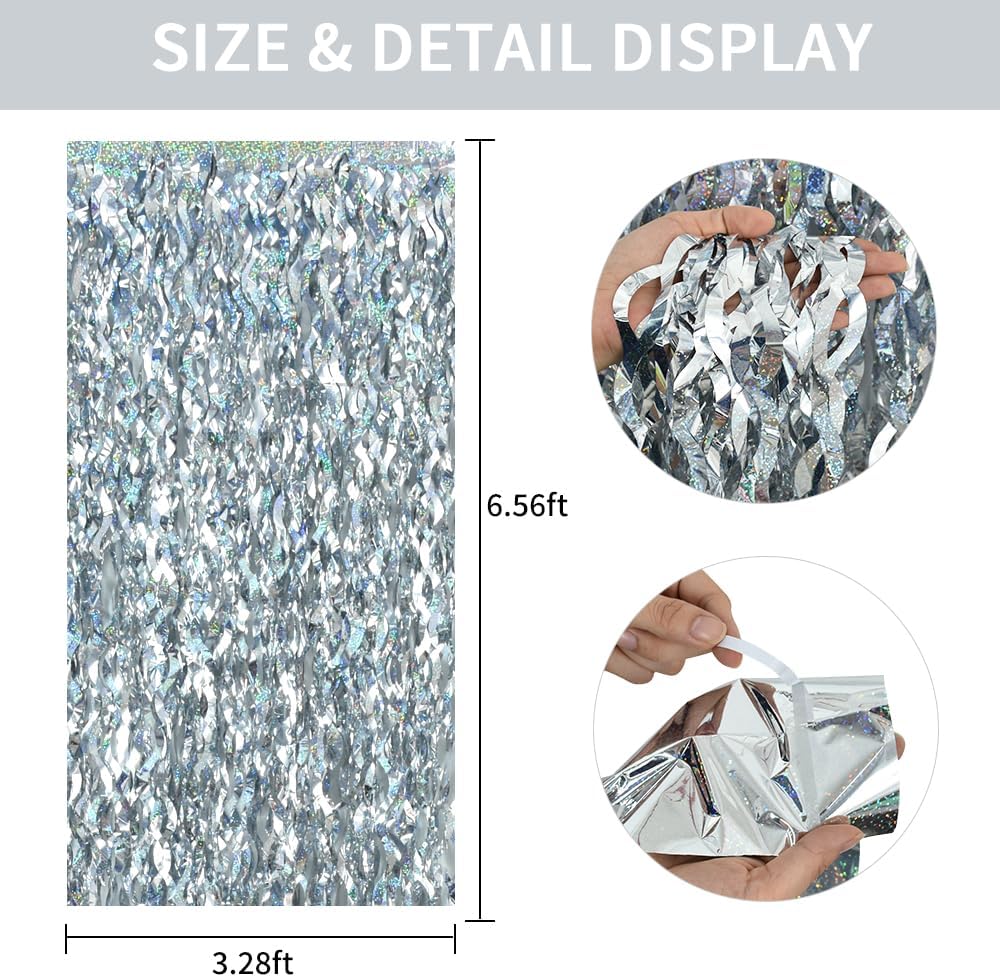 TONIFUL 3Pcs Wavy Metallic Tinsel Foil Fringe Curtains Silver Streamer Backdrop for Photo Booth Props,Party Door Wall Curtain,Bachelorette,Birthday,Anniversary,Bridal Shower Decor (9.9ft x 6.6ft)
