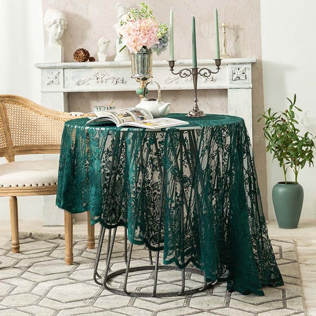 Vintage 60 inch Green Lace Tablecloth Floral Embroidered Boho Shabby Chic Small Table Cover for Wedding Halloween Party Dinning Holiday, 1 Piece