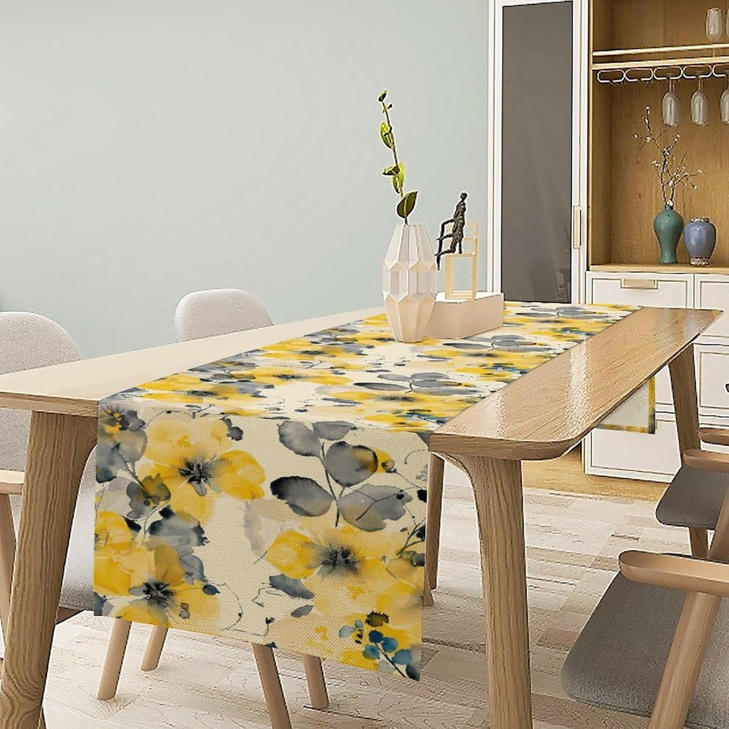 Floral Table Runner,Yellow Flowers Spring Print Table Cloth Kitchen Dining Table Home Party Decoration 13x36 Inch