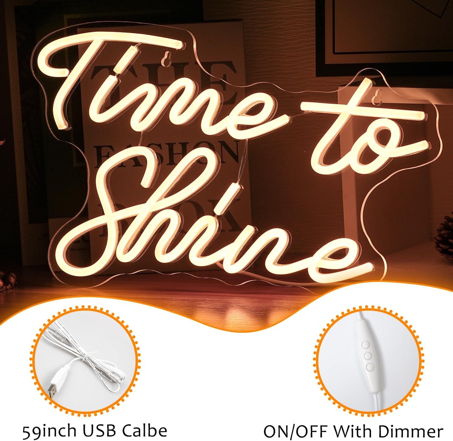 Time To Shine Neon Sign Warm White Led Sign Neon Lights for Lover Dimmable Letter Light Up Sign USB Powered with Switch Neon Signs for Bedroom Wall Decor Party Wedding Church（16.5’’X10.2’’）