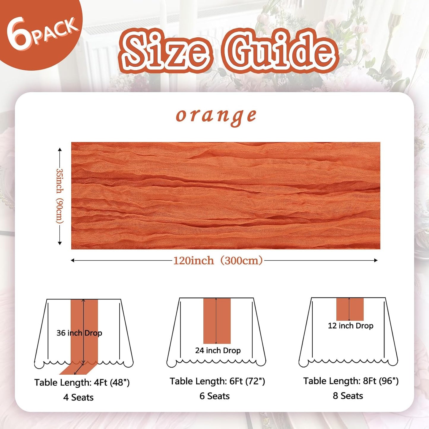 6 Pack Fall Thanksgiving Table Runner Orange 10ft Boho Gauze Fabric Cheesecloth Table Runner 35 x 120 Inch Rustic Sheer Runner for Wedding Home Décor Halloween Party Centerpiece Decorations