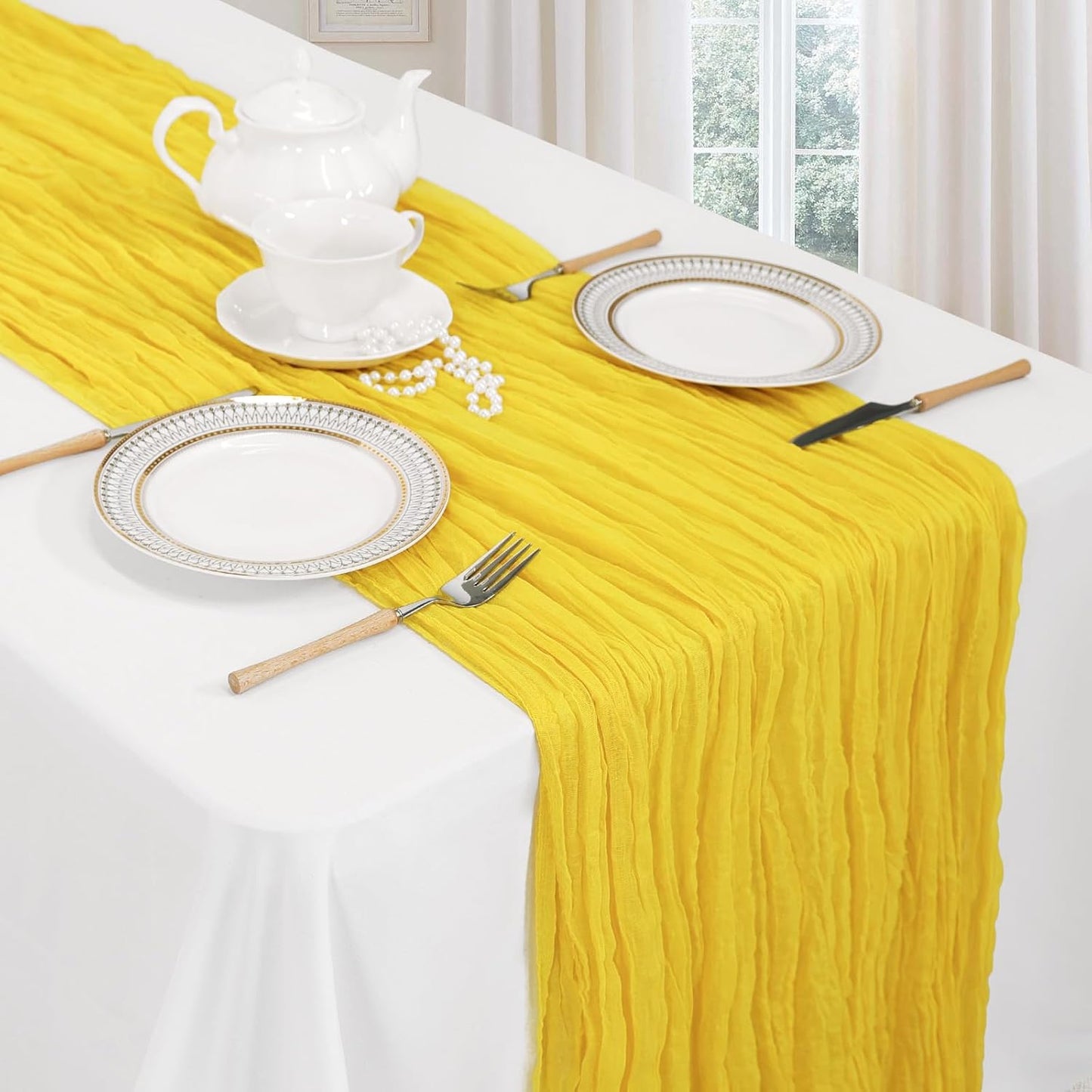 6 Pack Lemon Yellow Fall Table Runner 10ft Boho Gauze Fabric Cheesecloth Thanksgiving Table Runner 35 x 120 Inch Rustic Sheer Runner for Wedding Decor Baby Shower Party Table Centerpiece Decorations