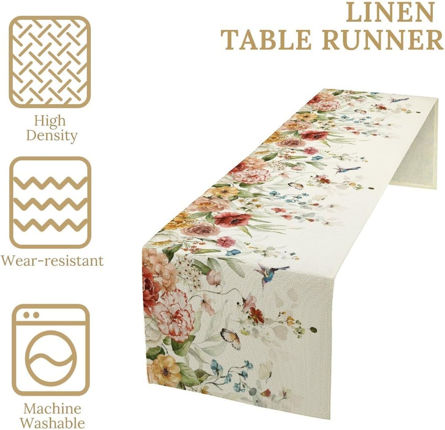 Rustic Floral Table Runner, Watercolor Flower Leaves Hummingbird Butterfly Farmhouse Kitchen Dinning Table Runner for Indoor Outdoor Home Wedding Party Holiday, 13x108 Inch