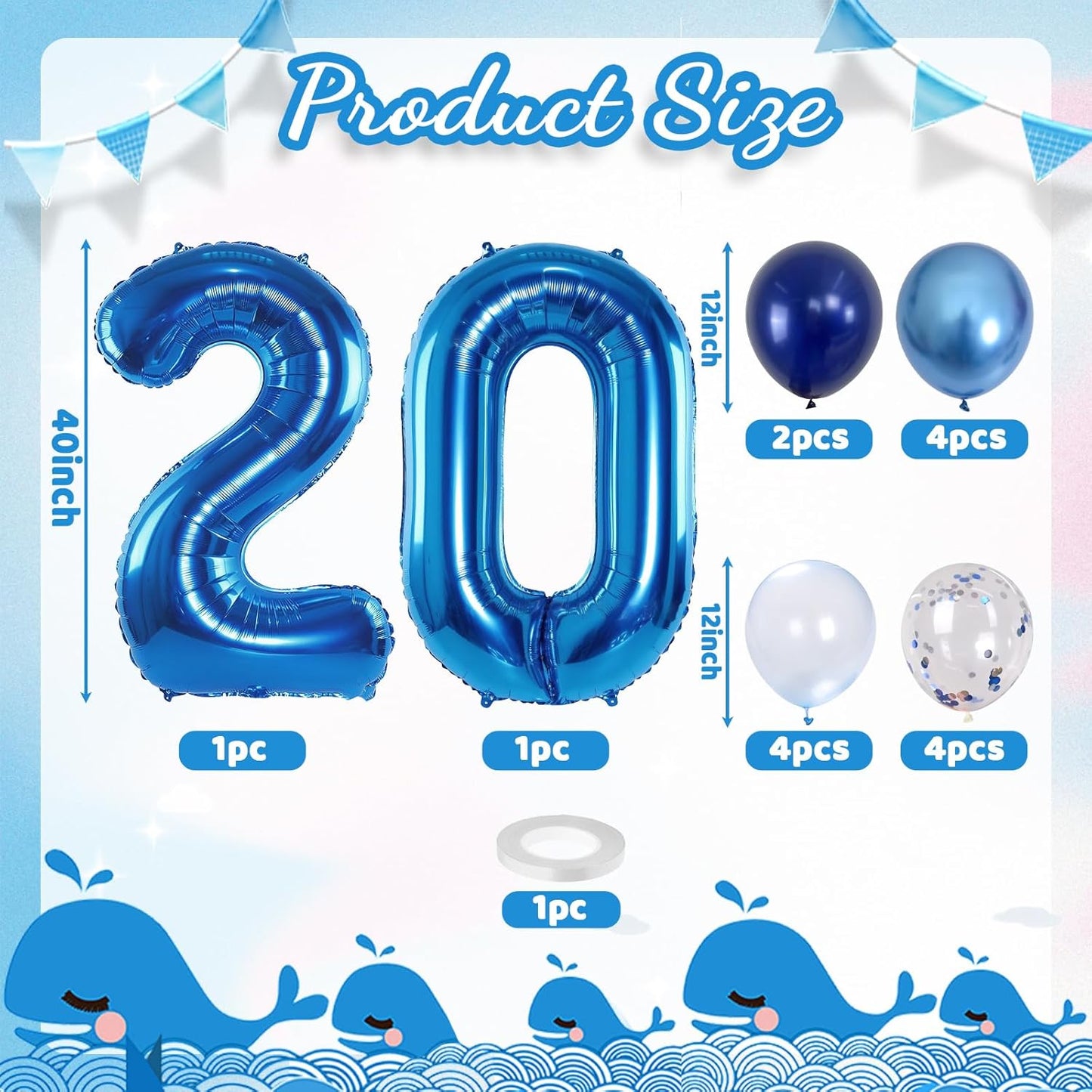 Dark Blue 20" Number 20 Balloon, Metallic Light Navy Blue Silver Confetti Balloon - Self Inflating Helium Foil for Men's 20th Birthday Party Decorations