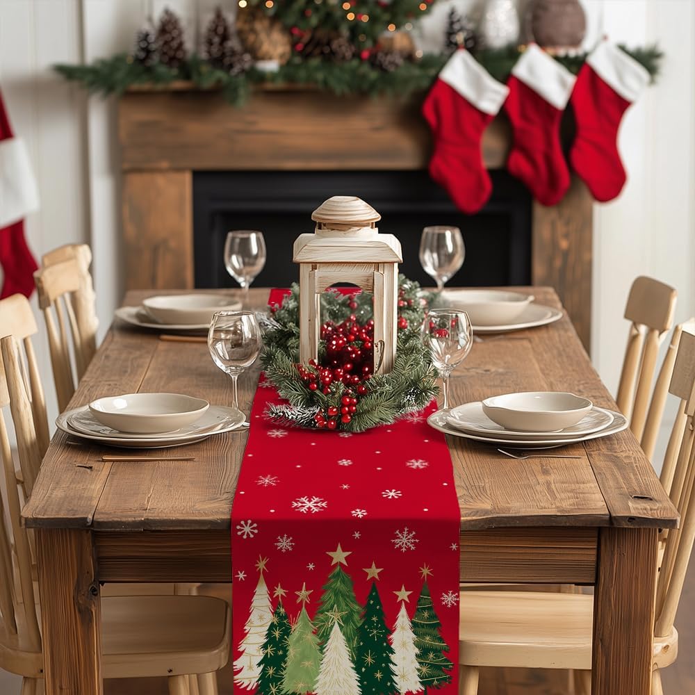 GEEORY Christmas Table Runner 13x90 Inch, Xmas Trees Snowflakes Holiday Decorative Farmhouse Table Decoration for Kitchen Dinning, Indoor Outdoor Dinner Party Decor (Red) GT150-90