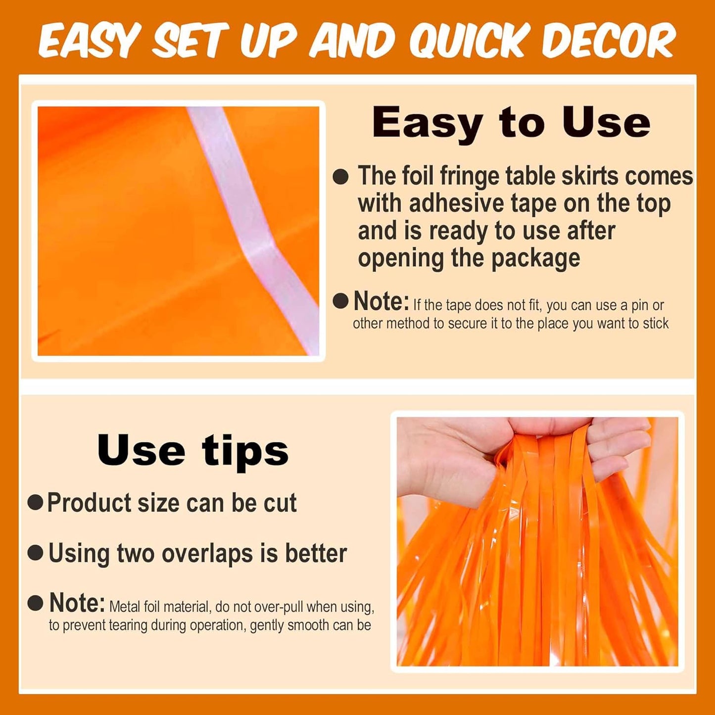 3 Pack 29 x108 Inch Macaron Orange Foil Fringe Table Skirts Metallic Banner for Tinsel Streamer Garland Backdrop for Parade Floats Mother's Day, Graduate, Birthday, Wedding Party Decoration