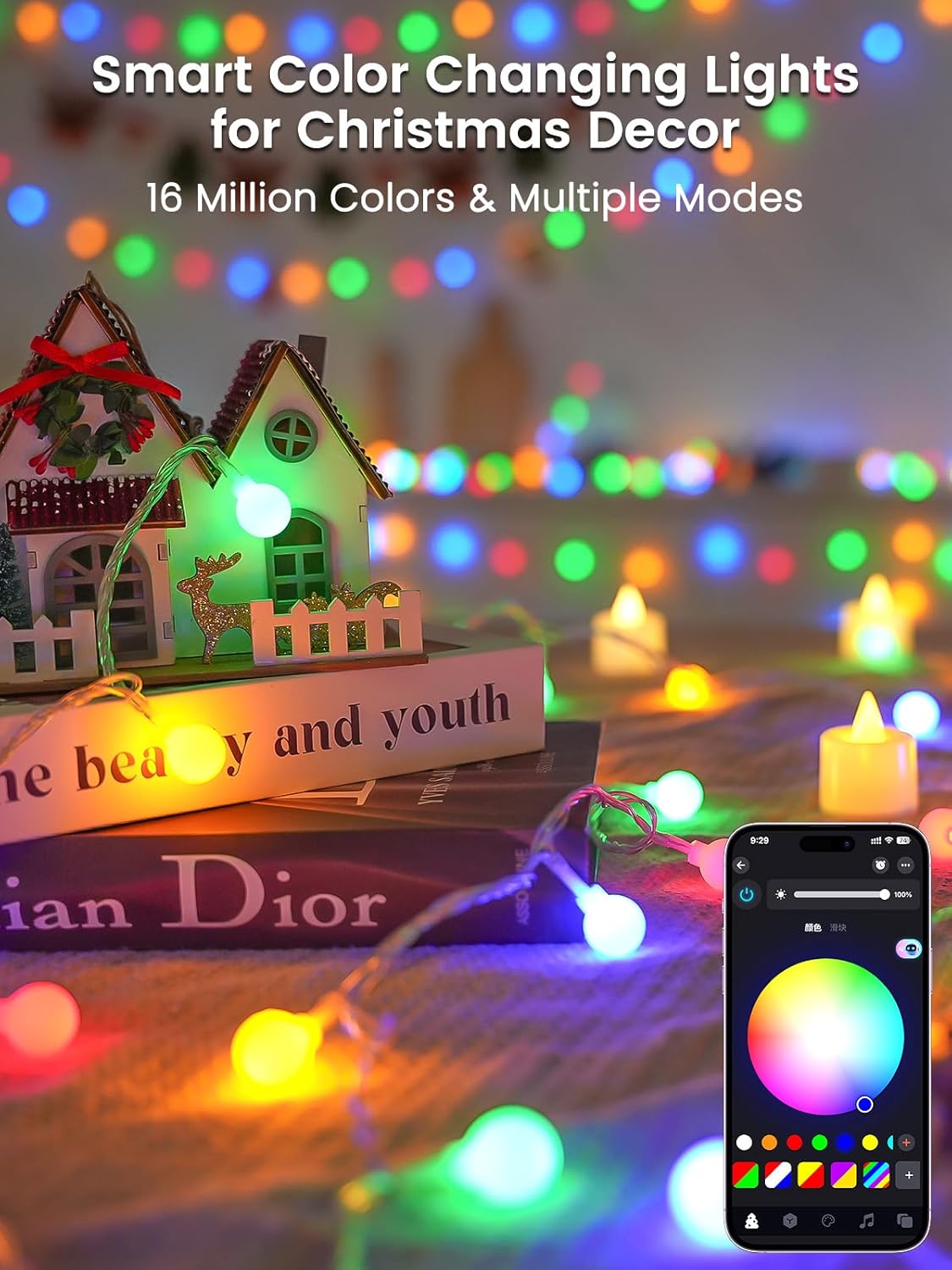 46ft Smart Color Changing Christmas Lights, 100 LED RGB Globe String Lights App Control with Remote & Timer, Music Sync Fairy Light Plug in Waterproof for Christmas Decoration Indoor Outdoor Bedroom