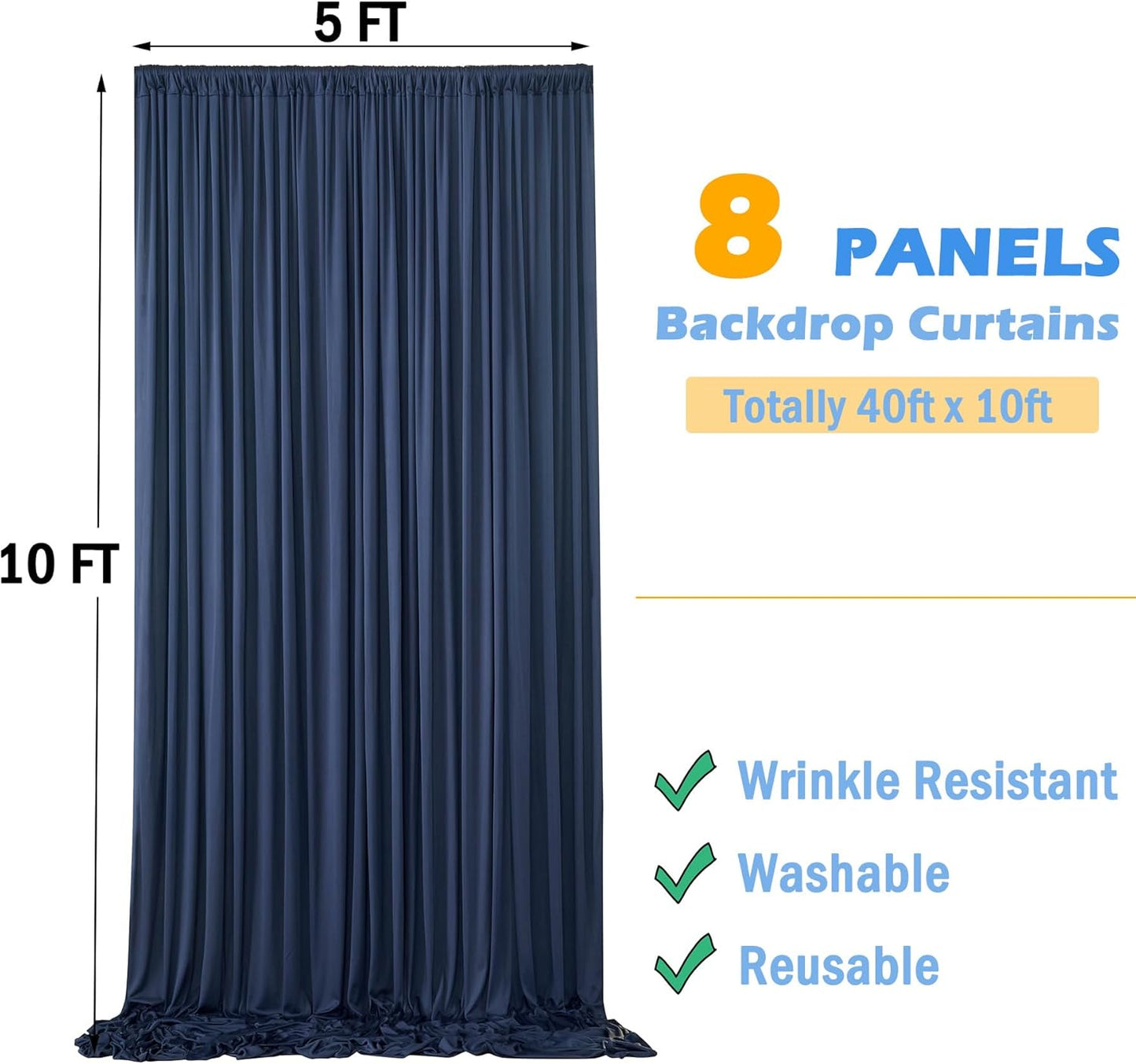 40ftx10ft Navy Blue Backdrop Curtains for Party Background, Wrinkle Free 8 Panels Silky Navy Photo Backdrop Drapes Back Drop Cloth for Wedding Birthday Photography Baby Shower Decor