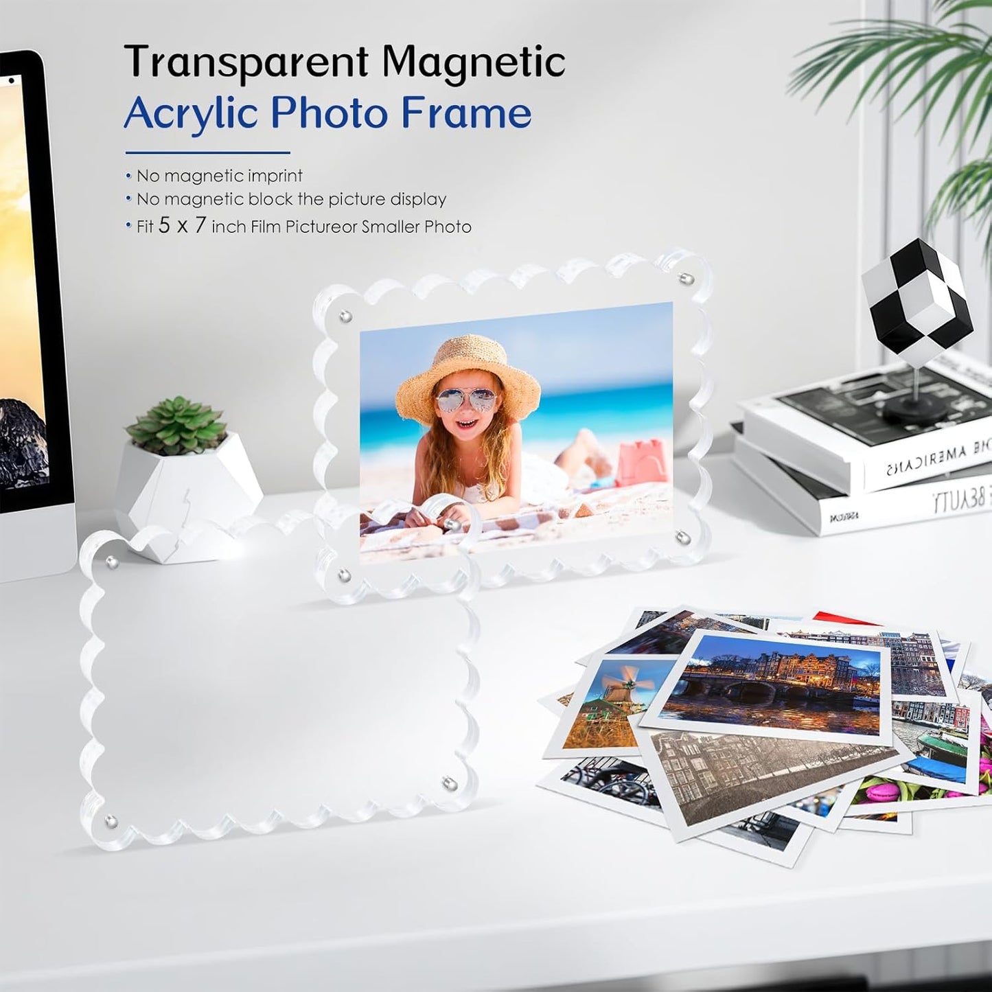 6Pack Acrylic Magnetic Photo Frame 5x7 Inch - Sleek Scalloped Design, 10+10mm Thick Crystal Clear Block, Freestanding Double-Sided Magnet |Trendy Home Gift (6 Pack, 5X7)