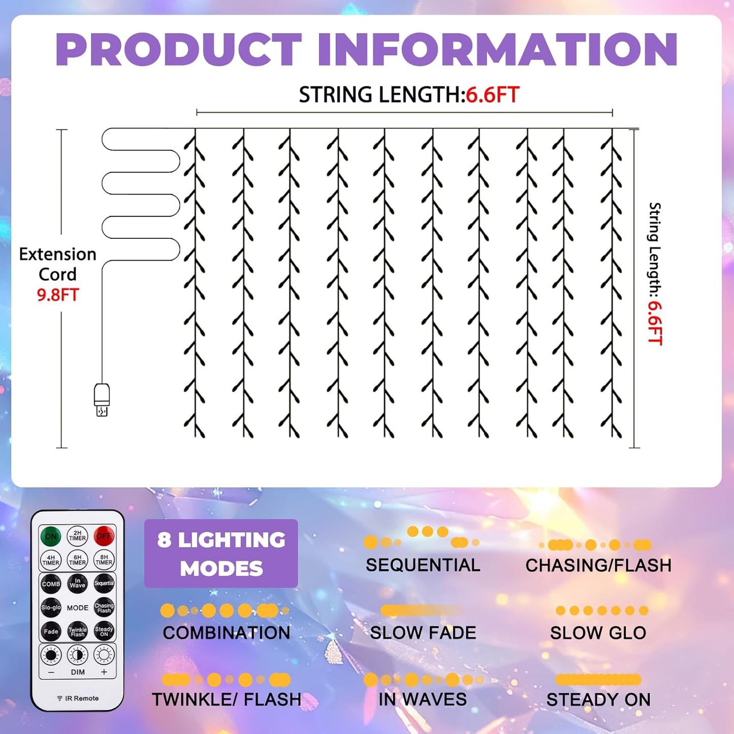 Curtain Light for Bedroom, 200LED 6.6x6.6ft Multicolor Window Wall Hanging Fairy Curtain String Light, 8 Modes Remote Fairy String Lights Indoor for Wedding Party Home Garden Decorations