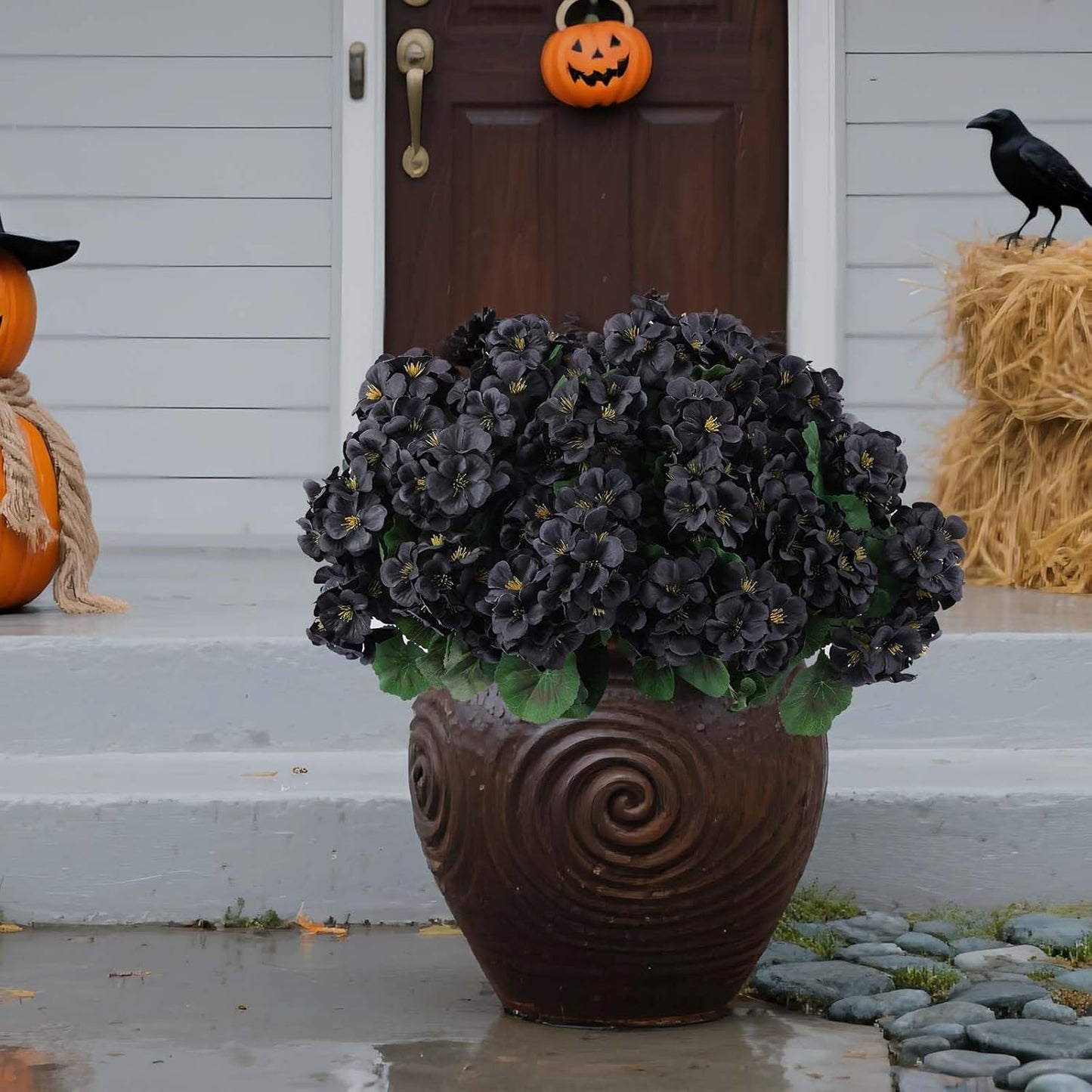 Hananona 12 Pcs Artificial Geranium Flowers for Outdoors Geranium Silk Flowers Outdoor UV Resistant Garden Plants Faux Black Flower for Home Kitchen Halloween Table Centerpieces Decor (12, Black)