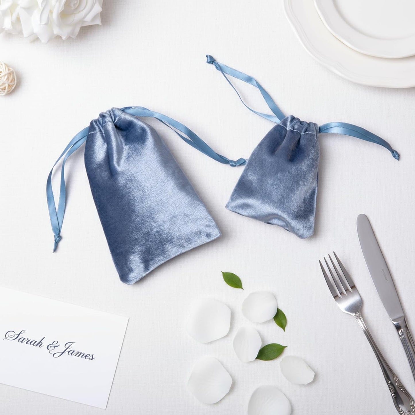 QIANF 12pcs Dusty Blue Velvet Drawstring Bags 3x4 inches Glossy Small Velvet Cloth Gift Bags Jewelry Pouches for Storage Wedding Party Favor Christmas