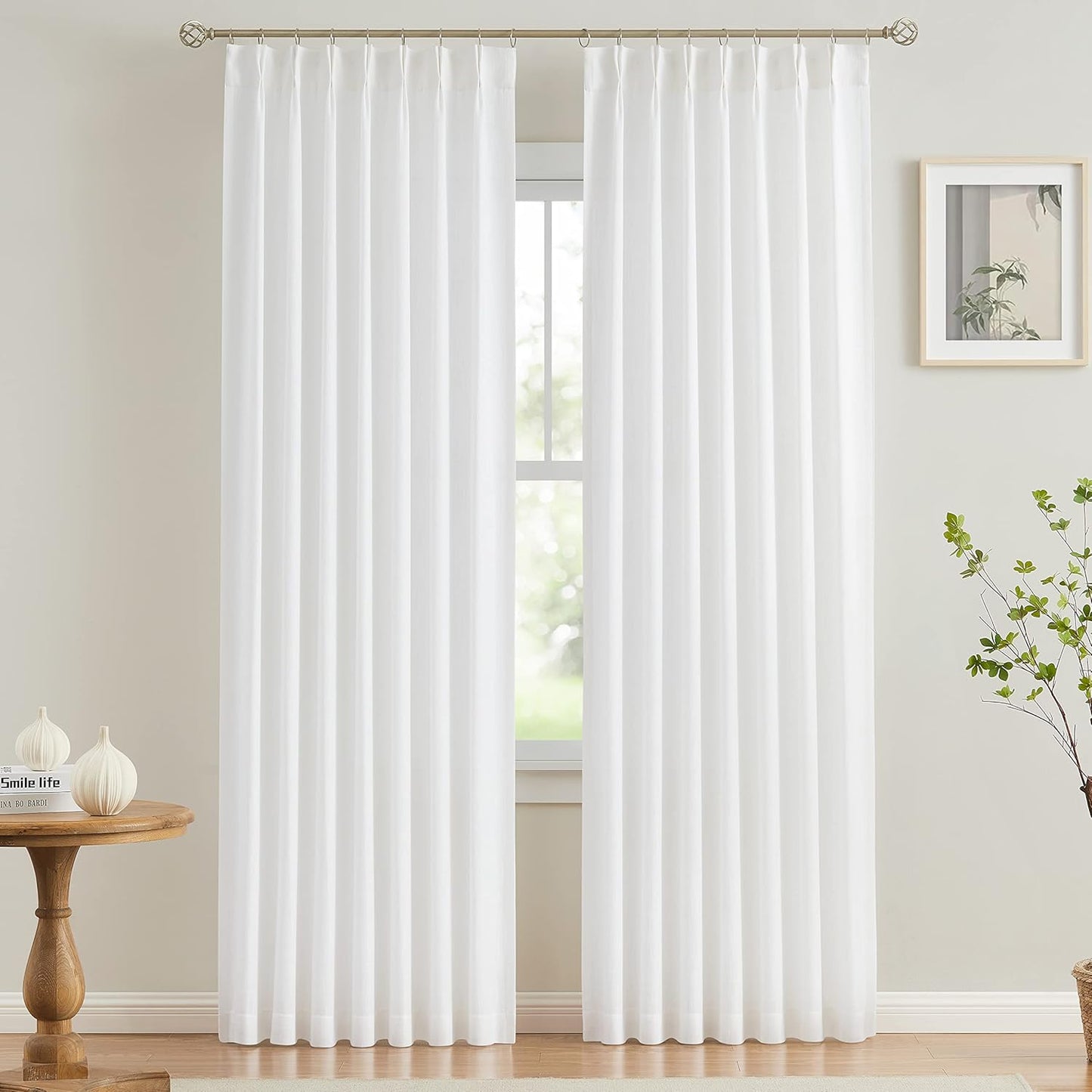 Vision Home White Pinch Pleated Semi Sheer Curtains Textured Light Filtering Window Curtains 84 inch for Living Room Bedroom Rayon Blended Pinch Pleat Drapes with Hooks 2 Panels 40" Wx84 L