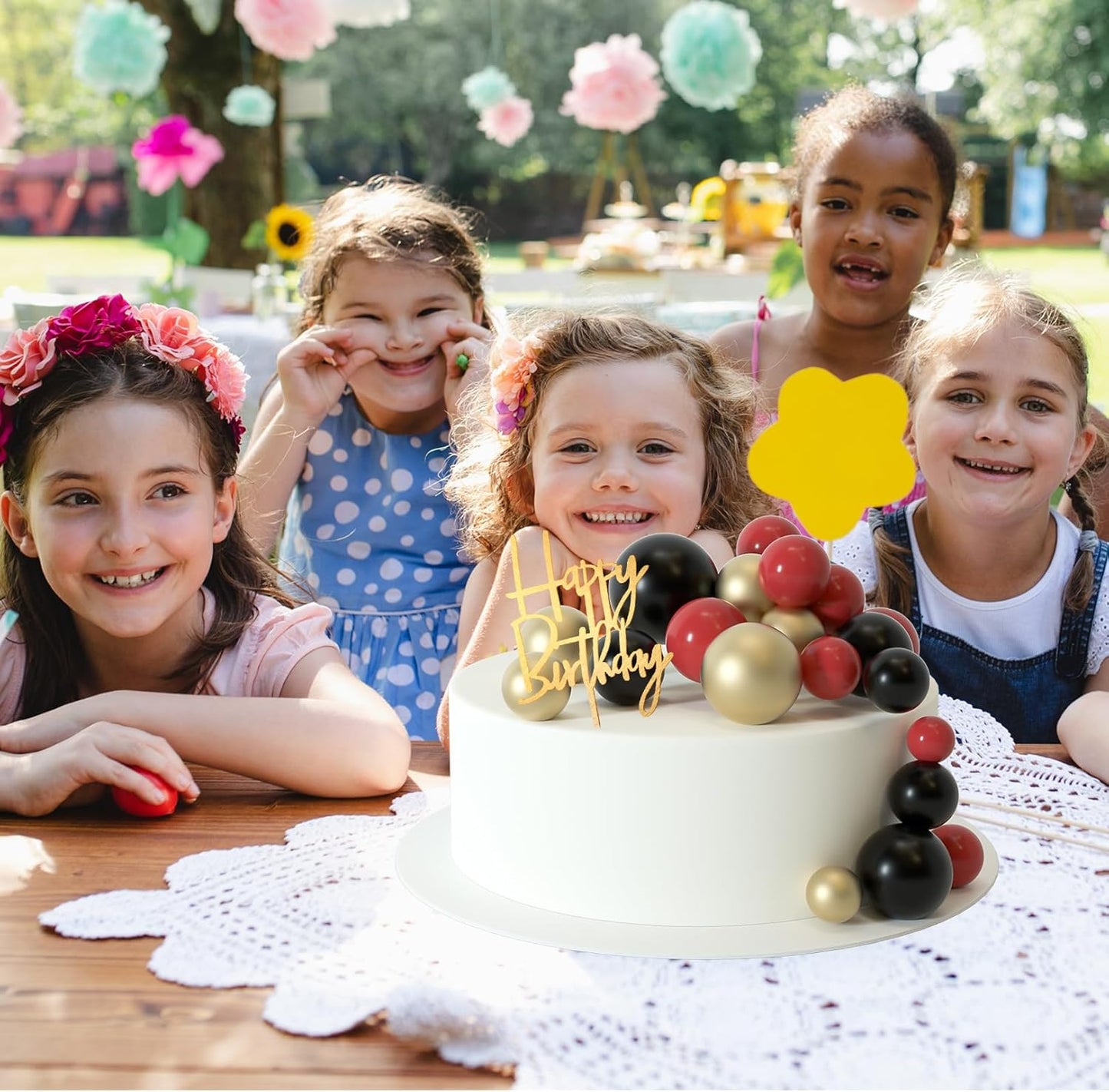 MIAHART Ball Cake Toppers Boho Grass Cake Topper Ball Cake Insert Decoration for Birthday Wedding Baby Shower Party Decorations Boho Themed Party Supplies (Red,black,gold)