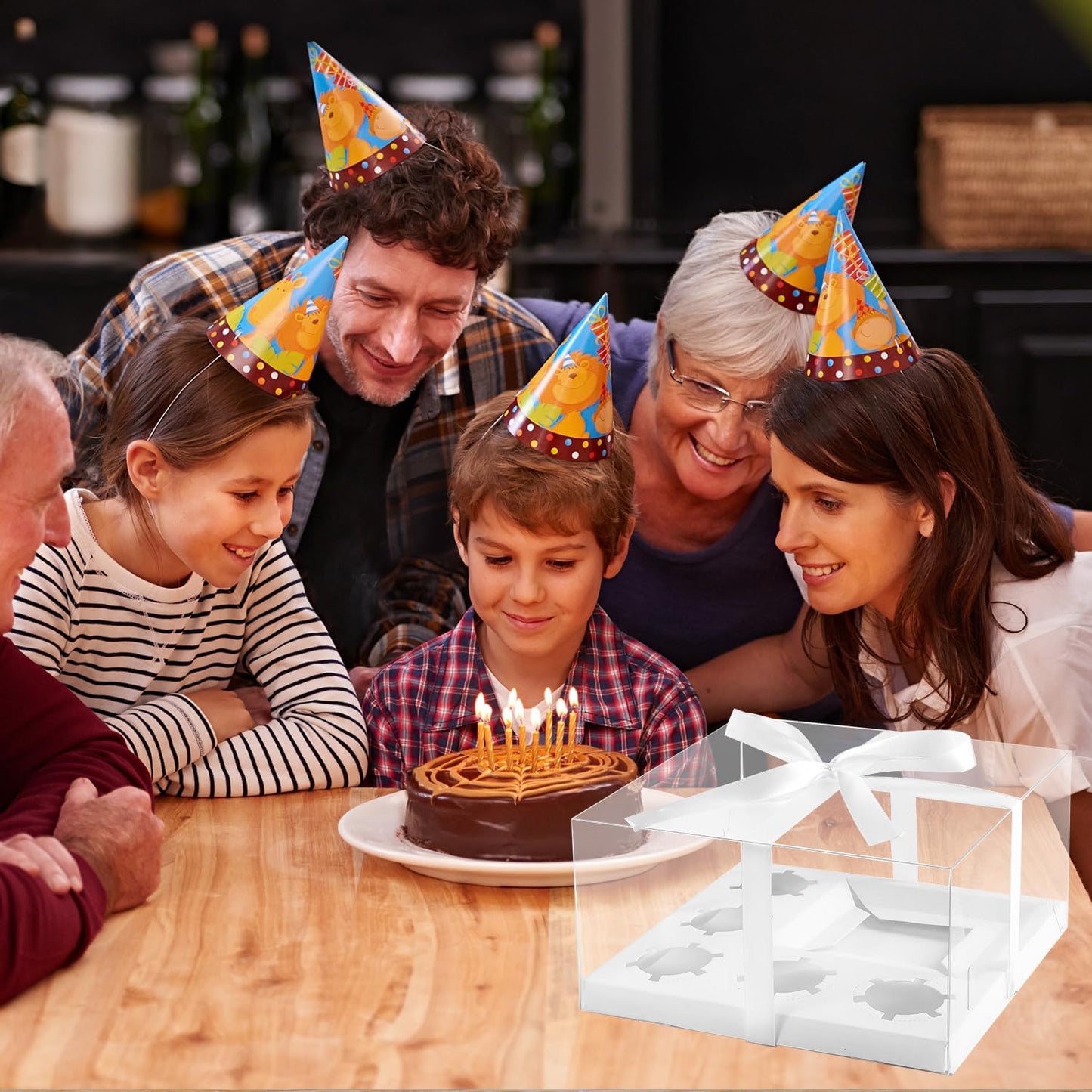 JCD 5 Pcs Bento Cake and Cupcake Box 1+5 Combination Clear Window Bento Boxes with Ribbon 4-5in Mini Cake and 5 Cupcakes Combo Box for Family Dinner Wedding Birthday Party Picnic Gift(1+5/5Pcs)