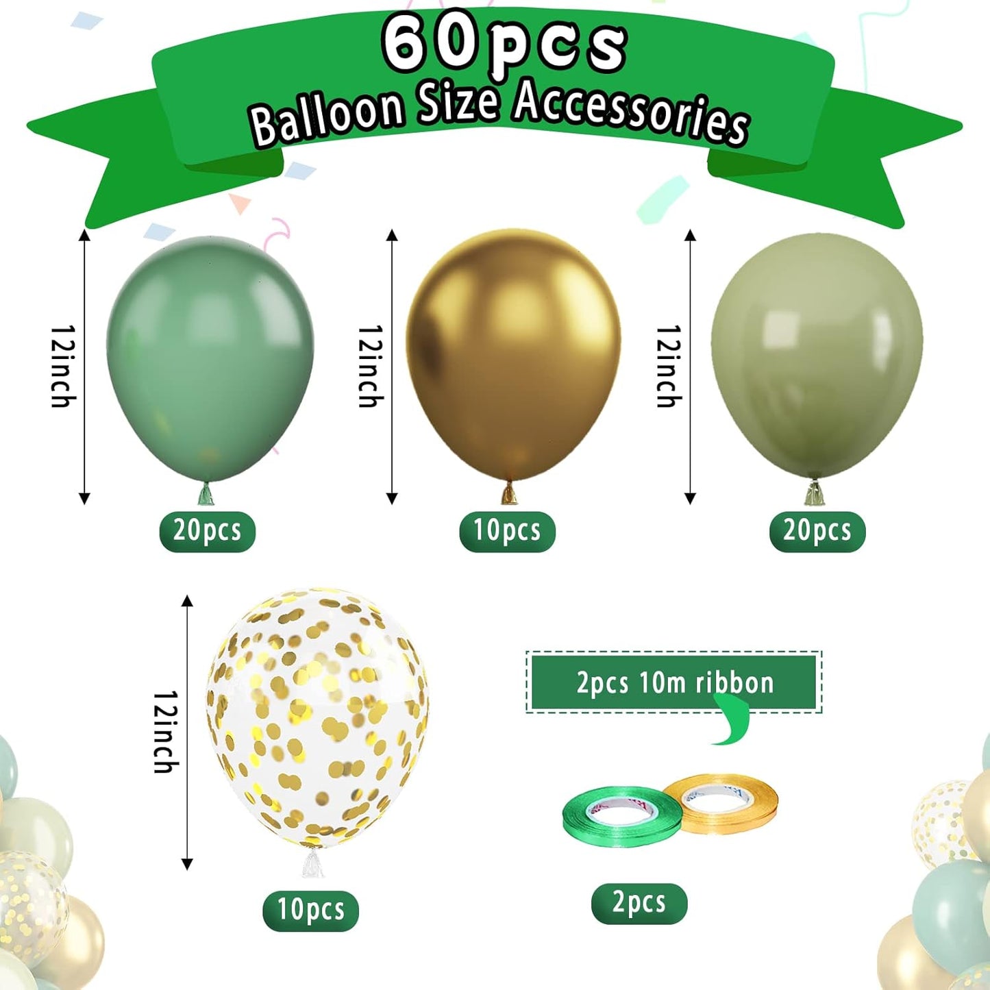 Paready Sage Green Gold Balloons, 60 Pcs 12 Inch Retro Green and Metallic Gold Confetti Balloons, Retro Avocado Party Balloons for Jungle Birthday Baby Shower Animal Wild Theme Decoration Wedding
