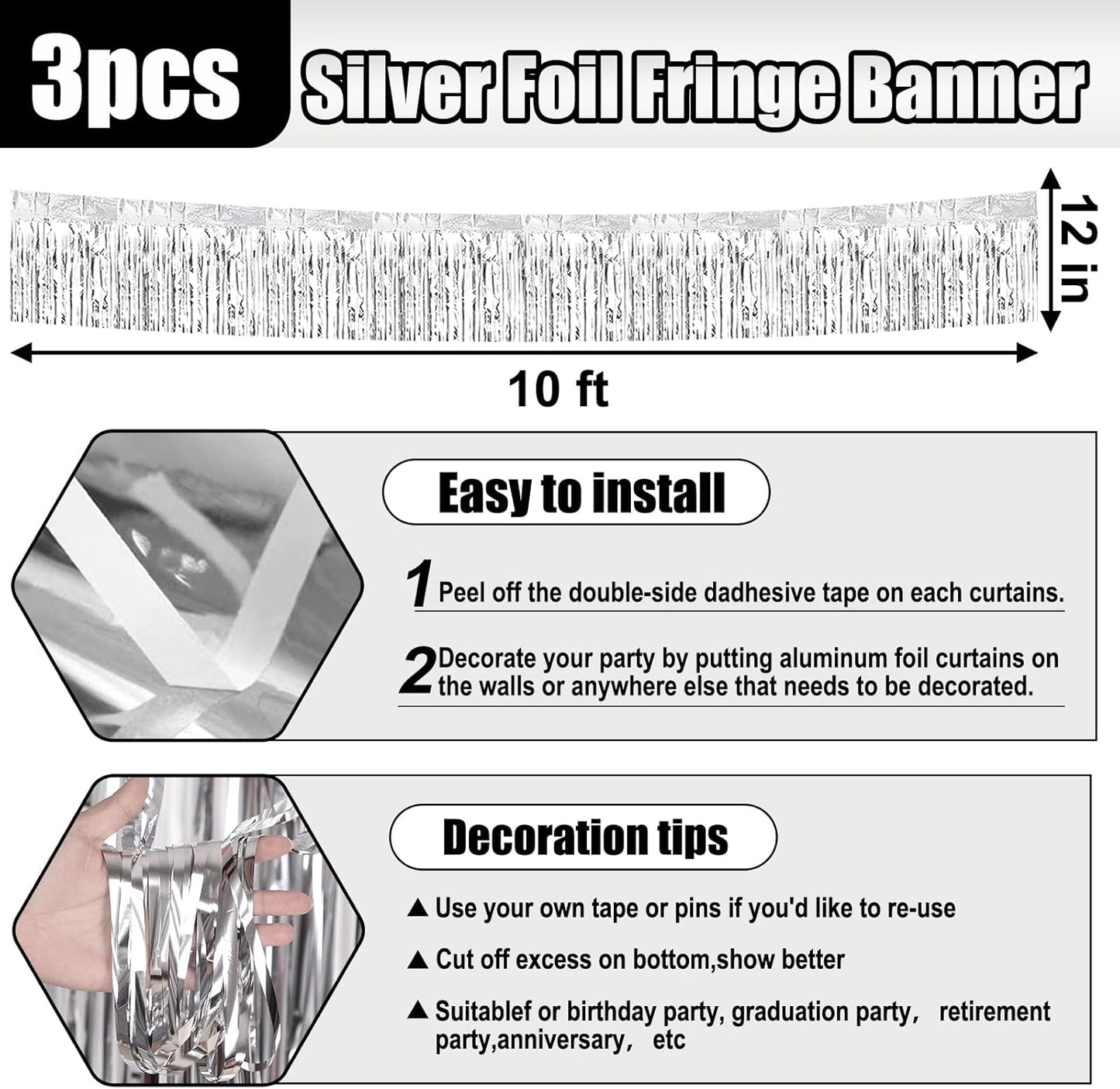 3 Pack 10 Long Silver Metallic Foil Fringe Garland Wall Hanging Tassle Banner, Mother's Day, Easter, Parade Floats, Birthday, Theme Party, Wedding Party Decorations