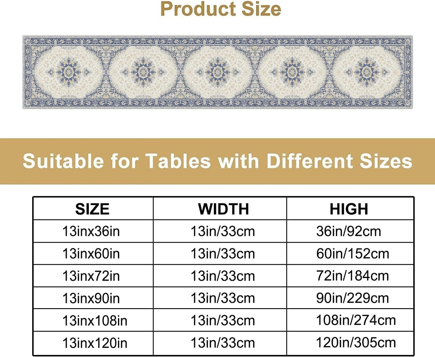 Boho Bohemia Style Table Runner, Vintage Blue Gold Retro Flower Rustic Country Style Floral Print Pattern for Home Kitchen Table Decor Dining Coffee Room Garden Party Decor 13x90in