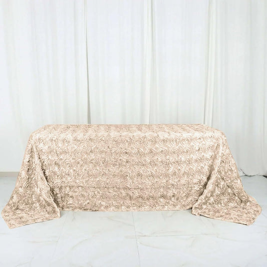 Efavormart 90"X132" Beige Grandiose 3D Rosette Satin Rectangle Tablecloth for Wedding Party Event